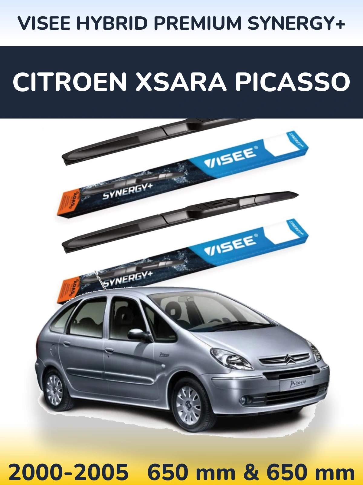 Front wiper blade set VISEE HYBRID PREMIUM SYNERGY+ 650 & 650 mm for Citroen Xsara Picasso 2000-2005