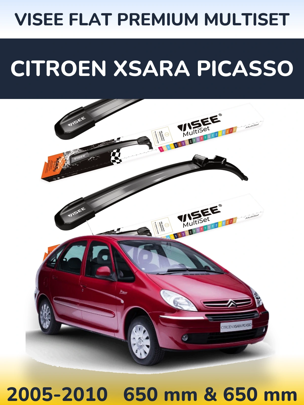 Front wiper blade set VISEE FLAT PREMIUM MultiSet 650 & 650 mm for Citroen Xsara Picasso 2005-2010