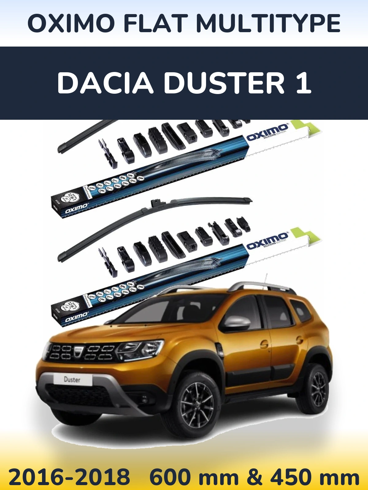 Front wiper blade set Oximo Flat MultiTipse 600 & 450 mm for Dacia Duster 1 2016-2018