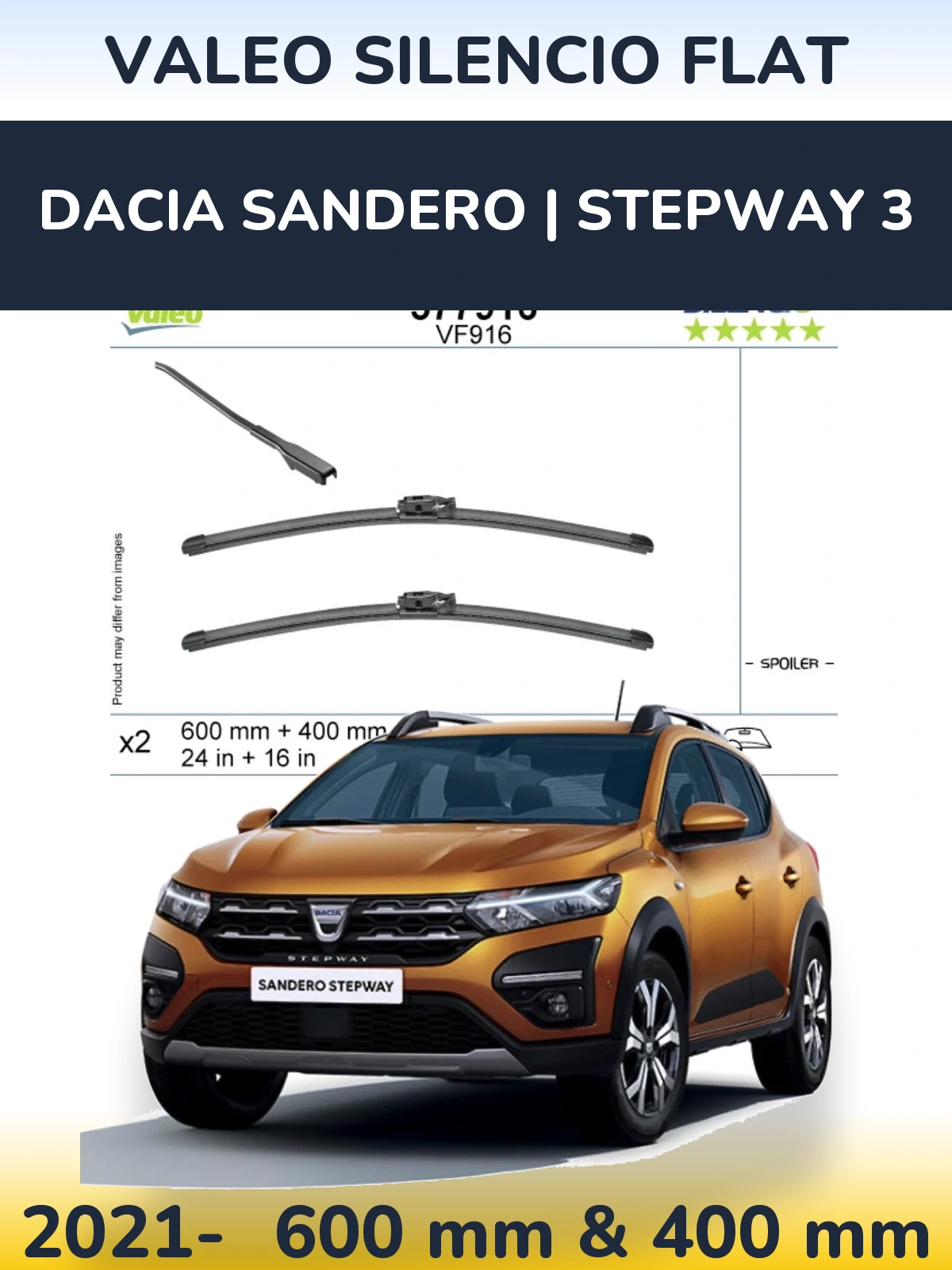 Комплект передних дворников Valeo Silencio Flat 600 & 400 мм для Dacia Sandero | Stepway 3 2021-2026