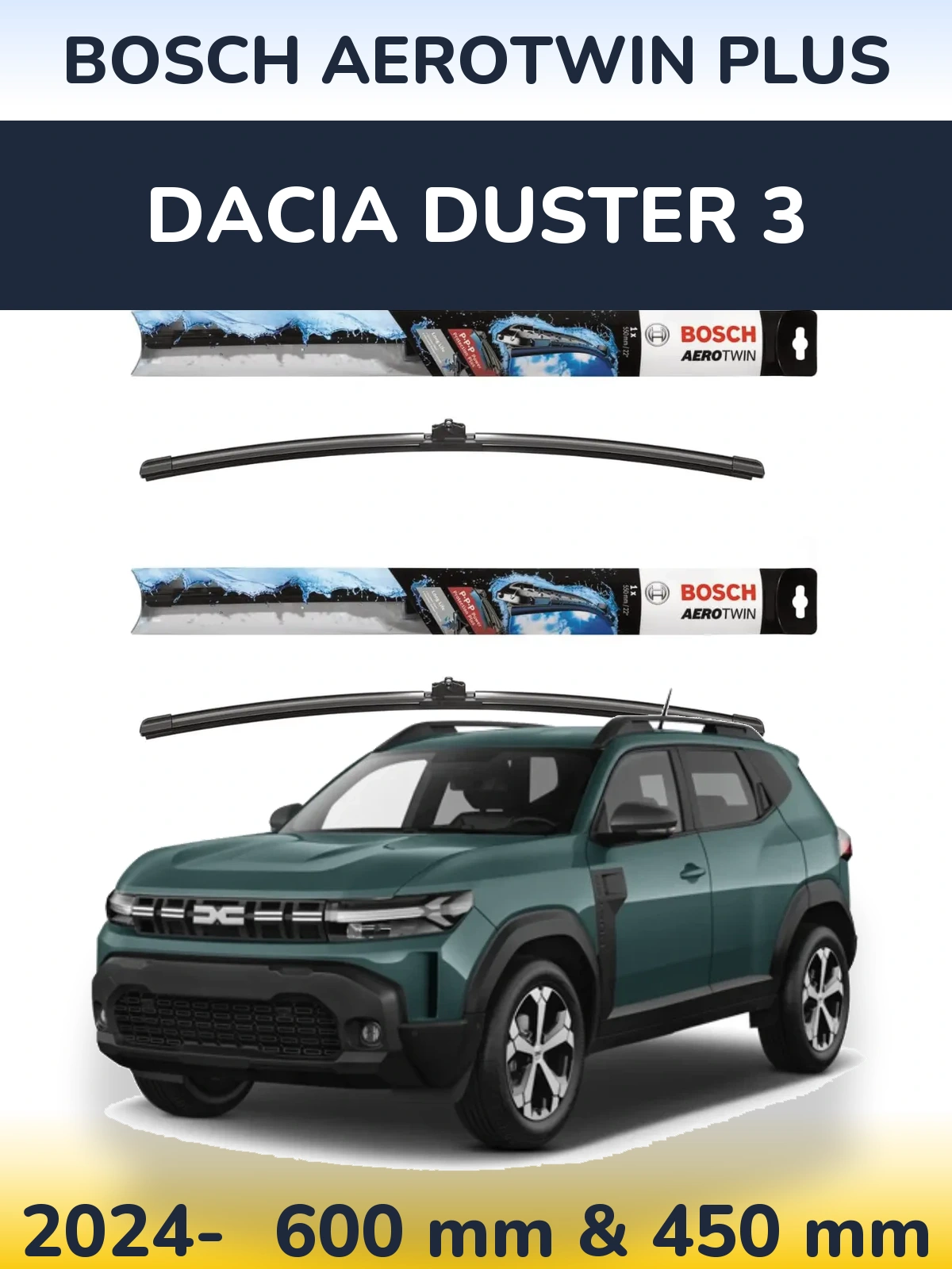 Комплект передних дворников BOSCH AeroTwin Plus 600 & 450 мм для Dacia Duster 3 2024-2026