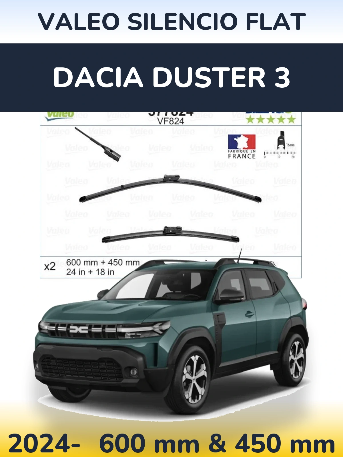 Комплект передних дворников Valeo Silencio Flat 600 & 450 мм для Dacia Duster 3 2024-2026