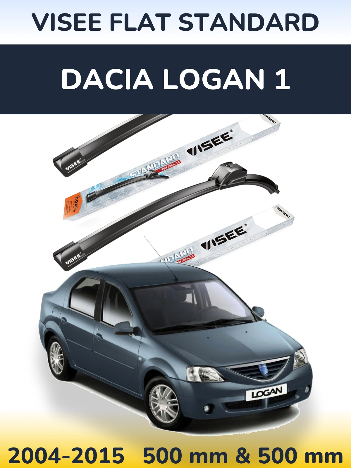 Front wiper blade set VISEE FLAT STANDARD 500 & 500 mm for Dacia Logan 1 2004-2015