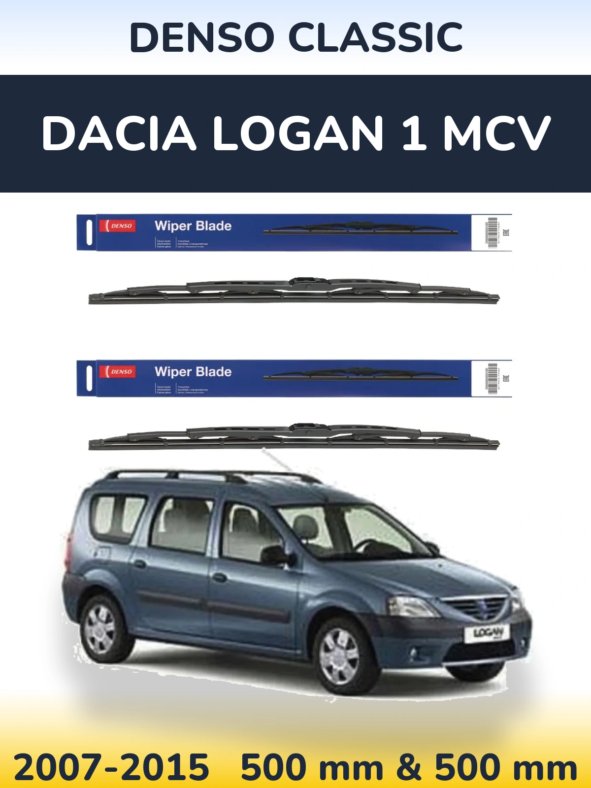 Front wiper blade set Denso Classic 500 & 500 mm for Dacia Logan 1 MCV 2007-2015