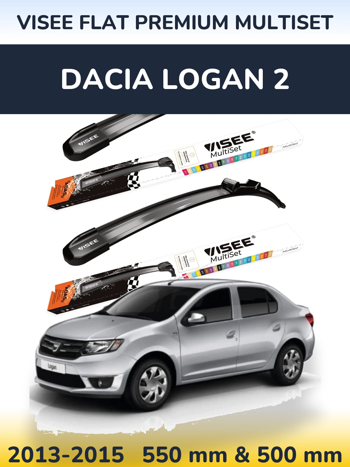 Front wiper blade set VISEE FLAT PREMIUM MultiSet 550 & 500 mm for Dacia Logan 2 2013-2015