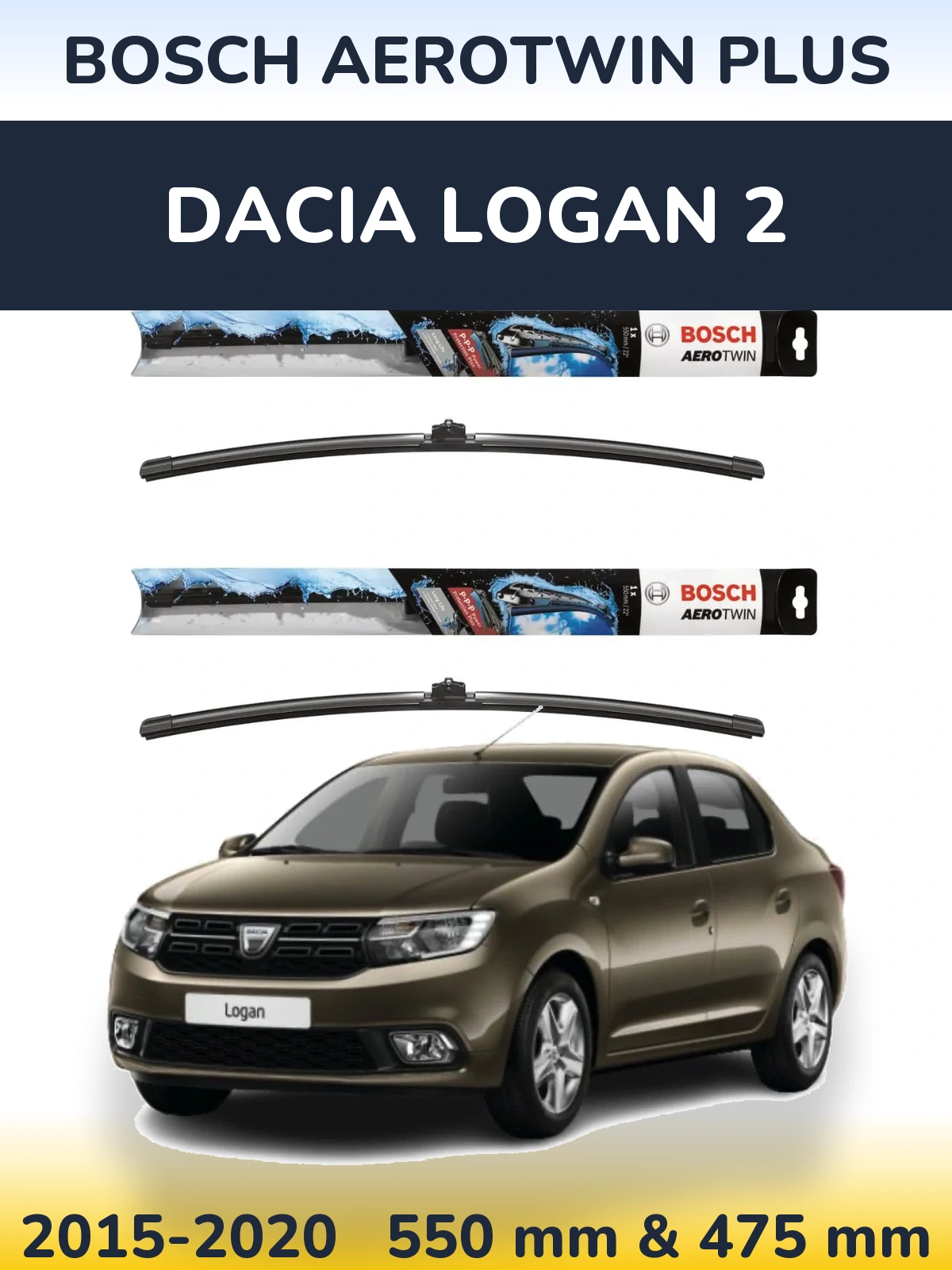Front wiper blade set BOSCH AeroTwin Plus 550 & 475 mm for Dacia Logan 2 2015-2020