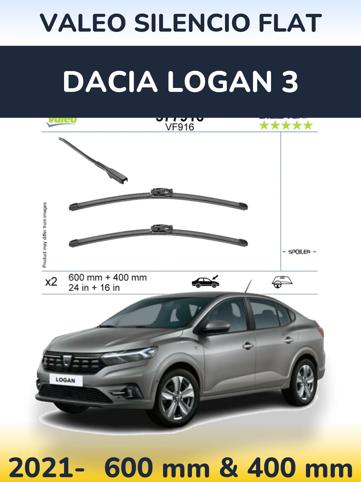 Front wiper blade set Valeo Silencio Flat 600 & 400 mm for Dacia Logan 3 2021-2026