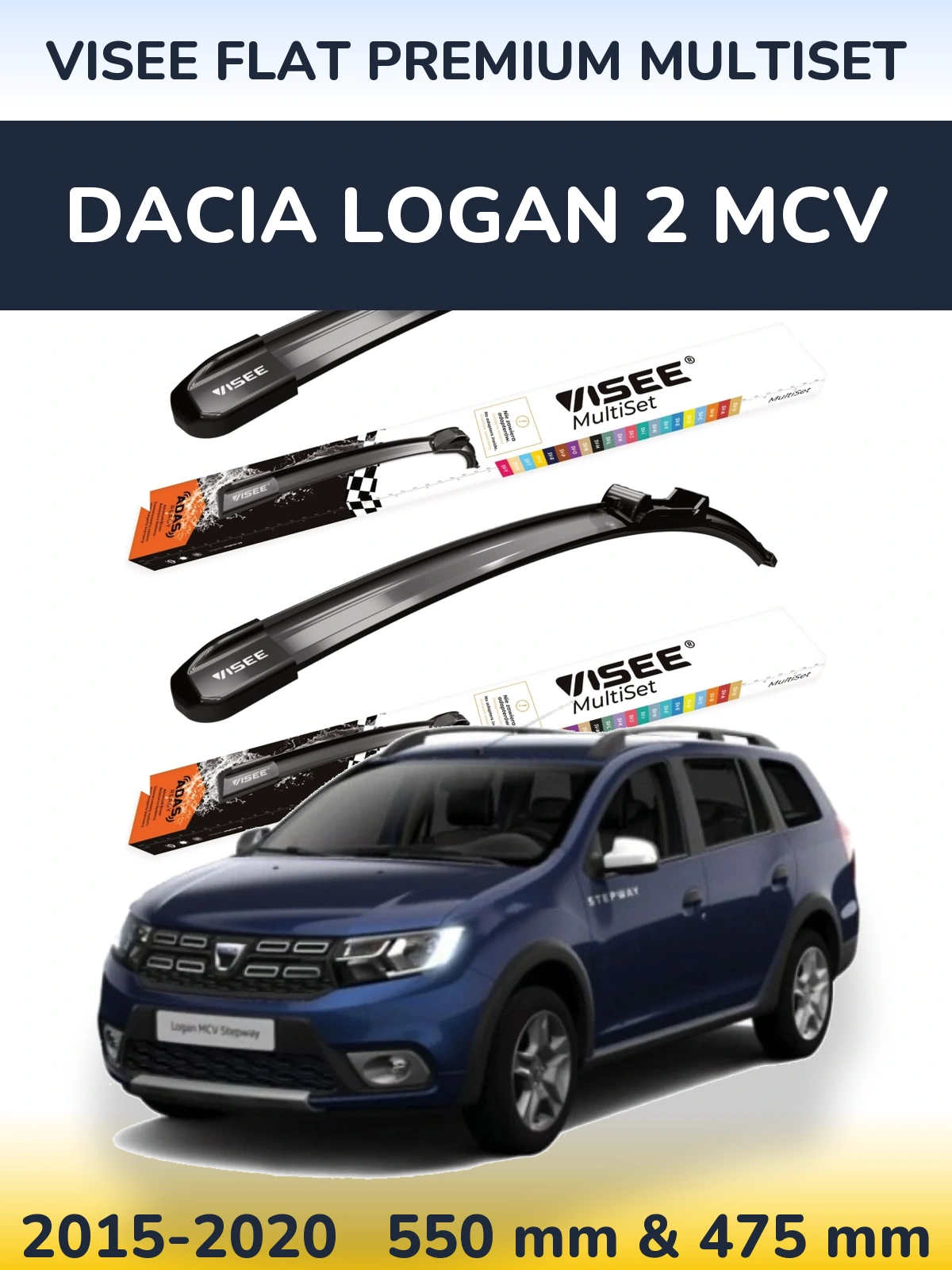 Front wiper blade set VISEE FLAT PREMIUM MultiSet 550 & 475 mm for Dacia Logan 2 MCV 2015-2020