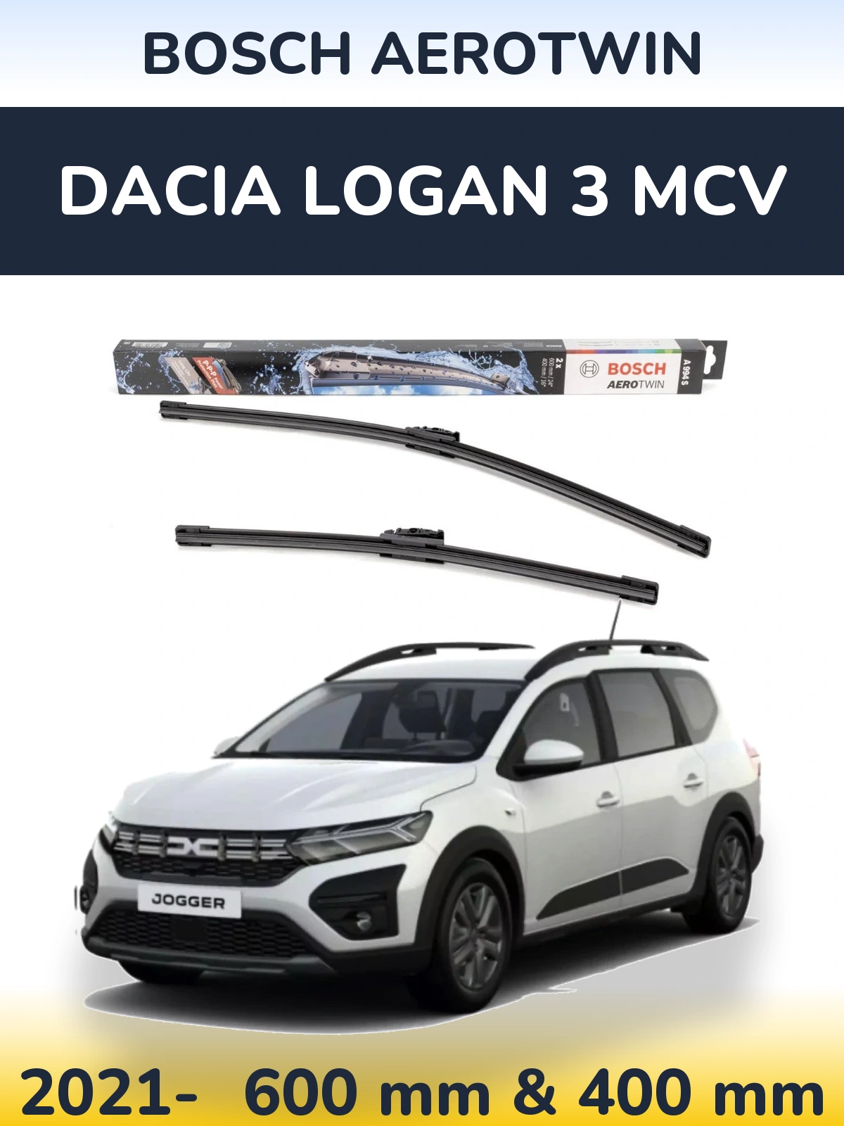 Front wiper blade set BOSCH AeroTwin 600 & 400 mm for Dacia Logan 3 MCV 2021-2026