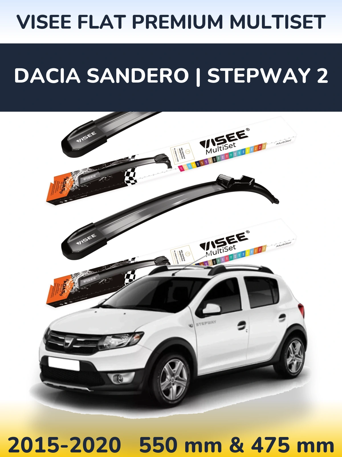Front wiper blade set VISEE FLAT PREMIUM MultiSet 550 & 475 mm for Dacia Sandero | Stepway 2 2015-2020