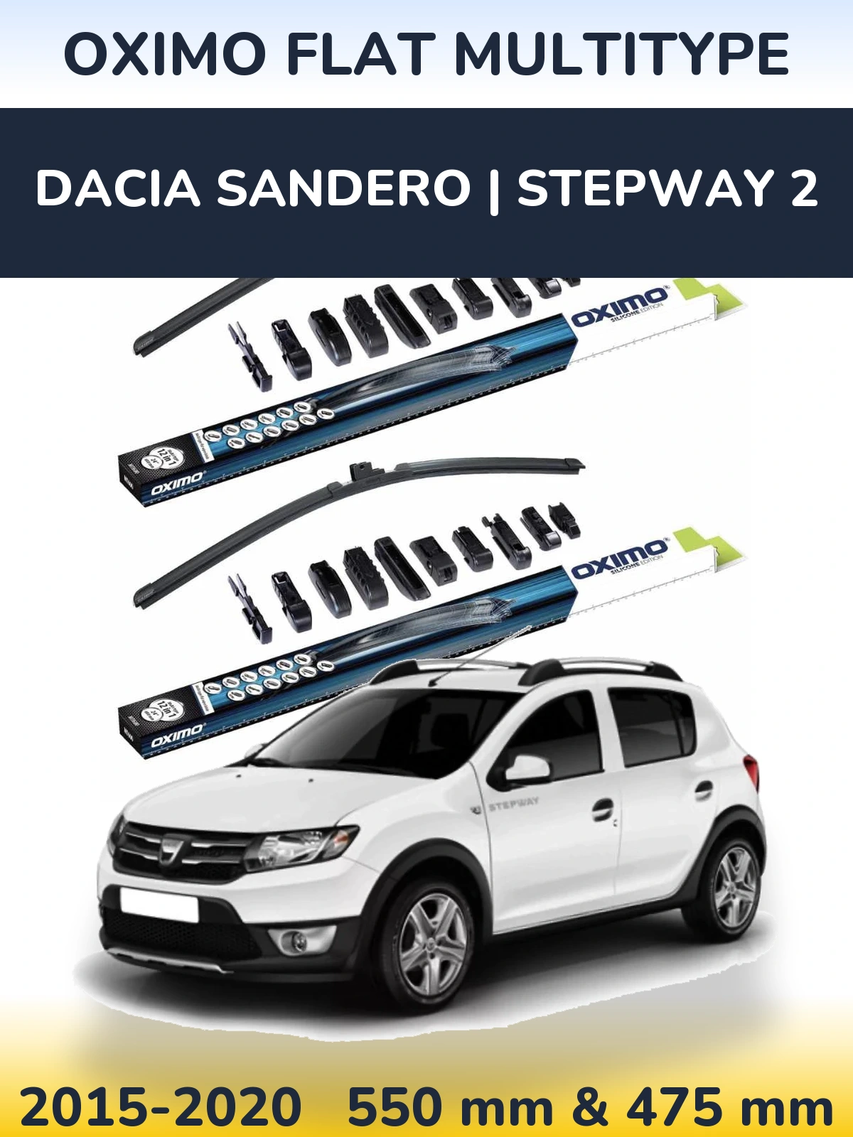 Front wiper blade set Oximo Flat MultiTipse 550 & 475 mm for Dacia Sandero | Stepway 2 2015-2020
