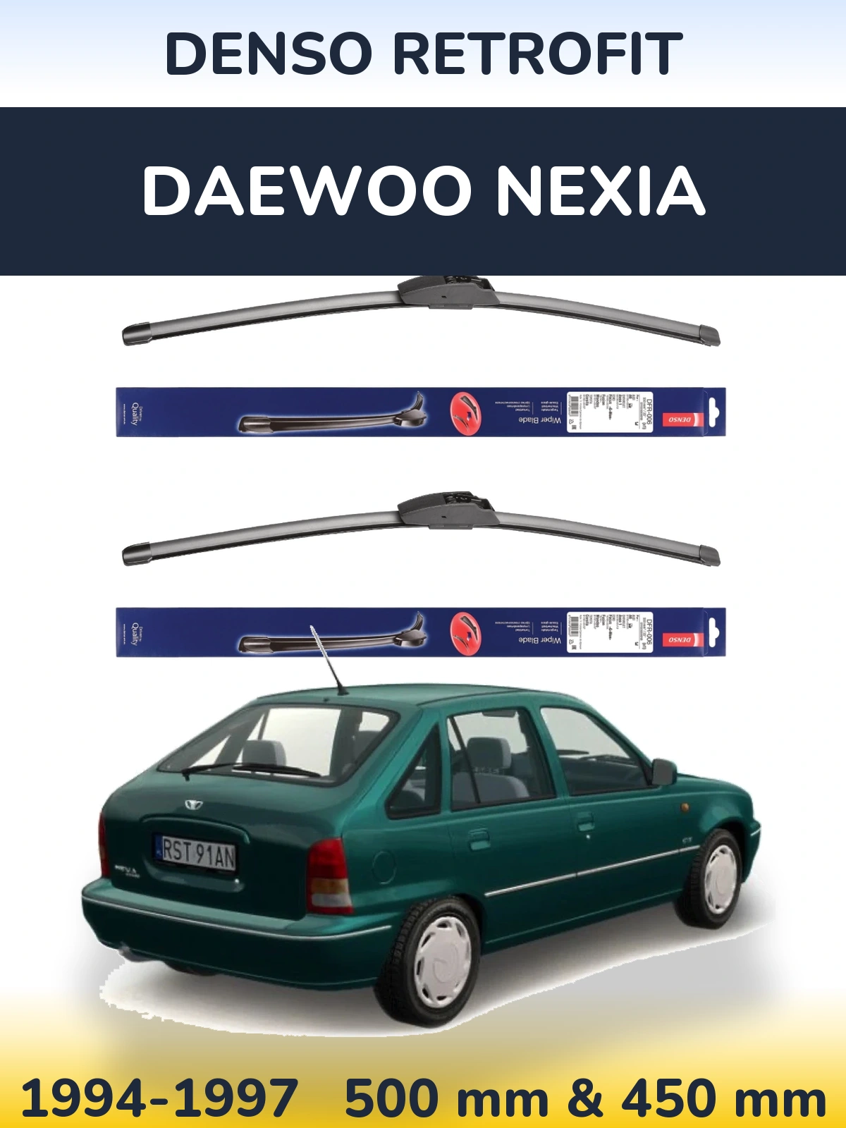 Front wiper blade set Denso Retrofit 500 & 450 mm for Daewoo Nexia 1994-1997