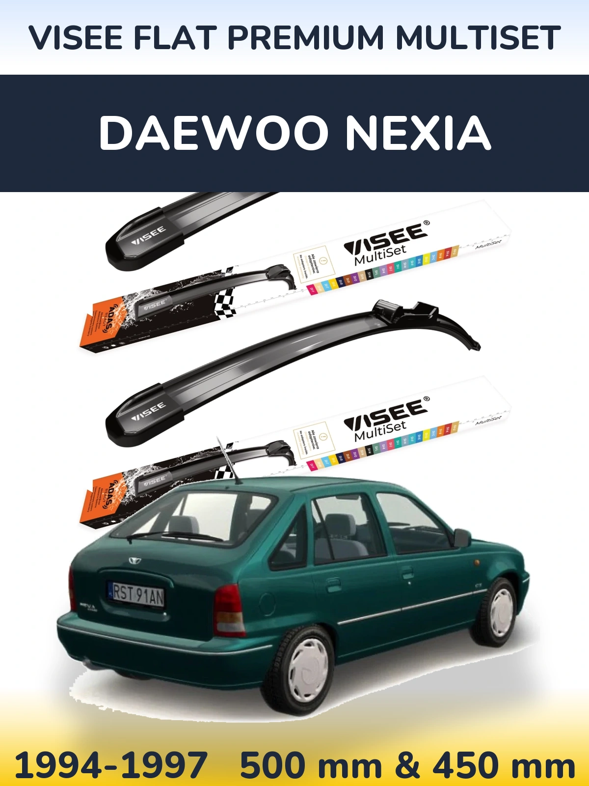 Front wiper blade set VISEE FLAT PREMIUM MultiSet 500 & 450 mm for Daewoo Nexia 1994-1997