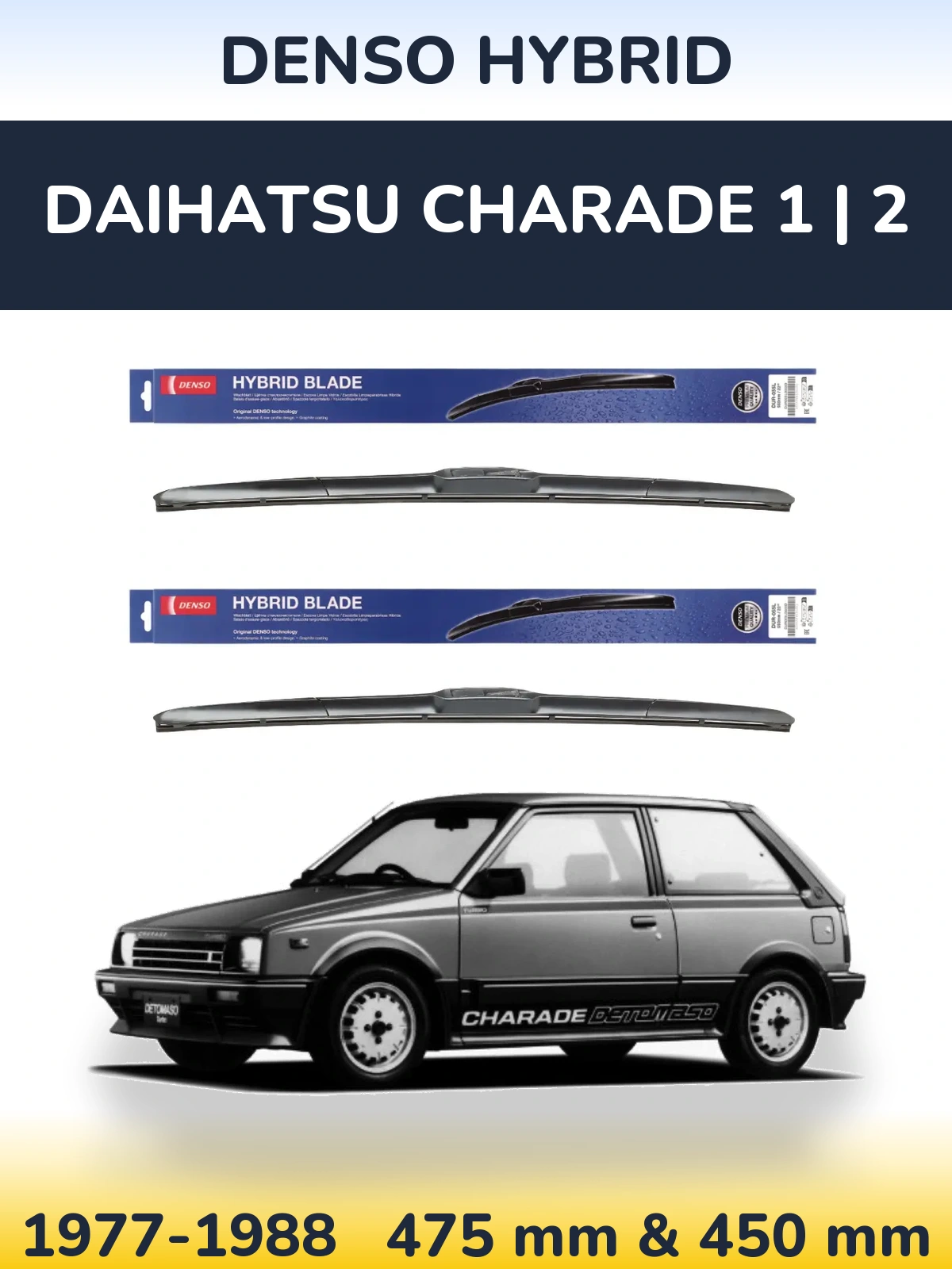 Front wiper blade set Denso Hybrid 475 & 450 mm for Daihatsu Charade 1 | 2 1977-1988