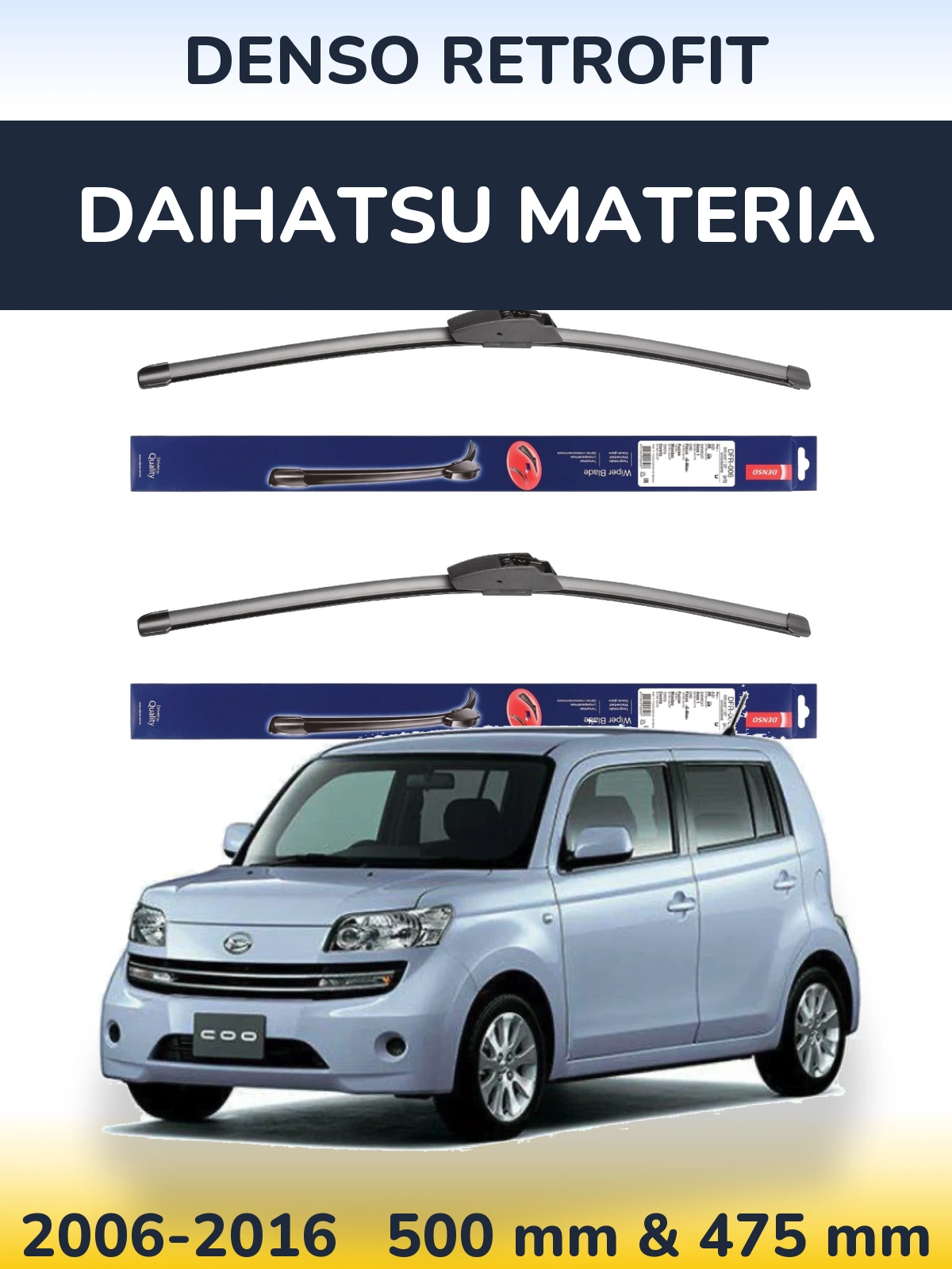 Front wiper blade set Denso Retrofit 500 & 475 mm for Daihatsu Materia 2006-2016