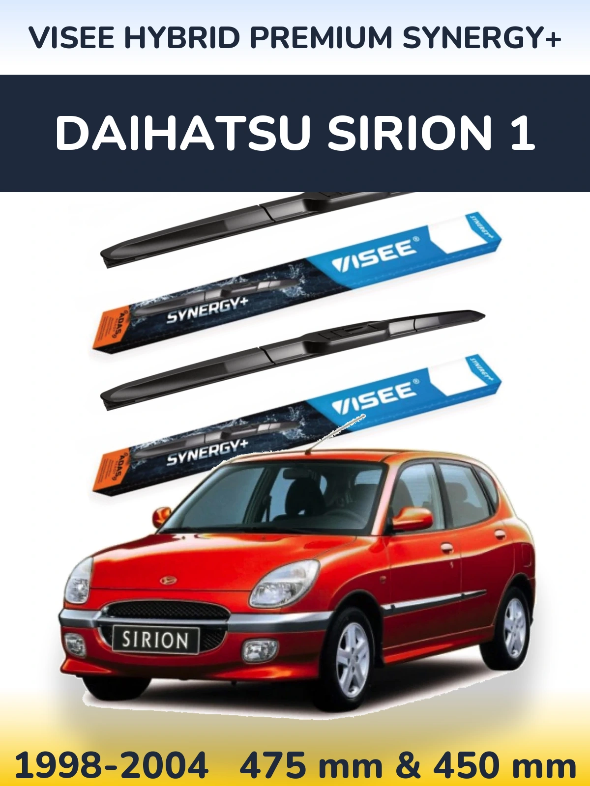 Front wiper blade set VISEE HYBRID PREMIUM SYNERGY+ 475 & 450 mm for Daihatsu SIrion 1 1998-2004