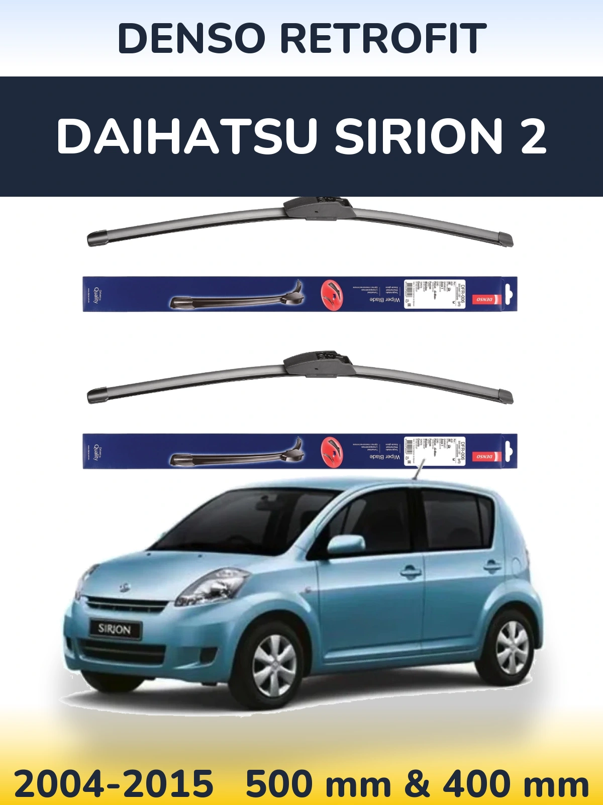 Front wiper blade set Denso Retrofit 500 & 400 mm for Daihatsu SIrion 2 2004-2015