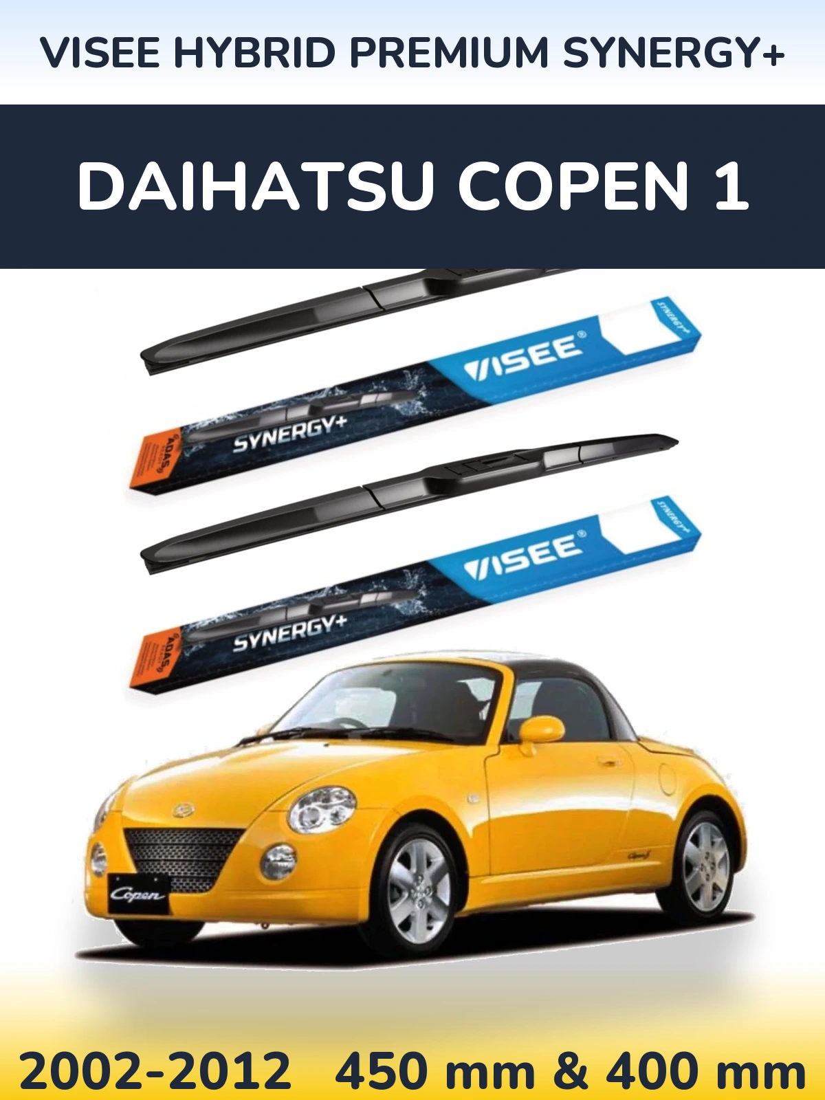 Front wiper blade set VISEE HYBRID PREMIUM SYNERGY+ 450 & 400 mm for Daihatsu Copen 1 2002-2012