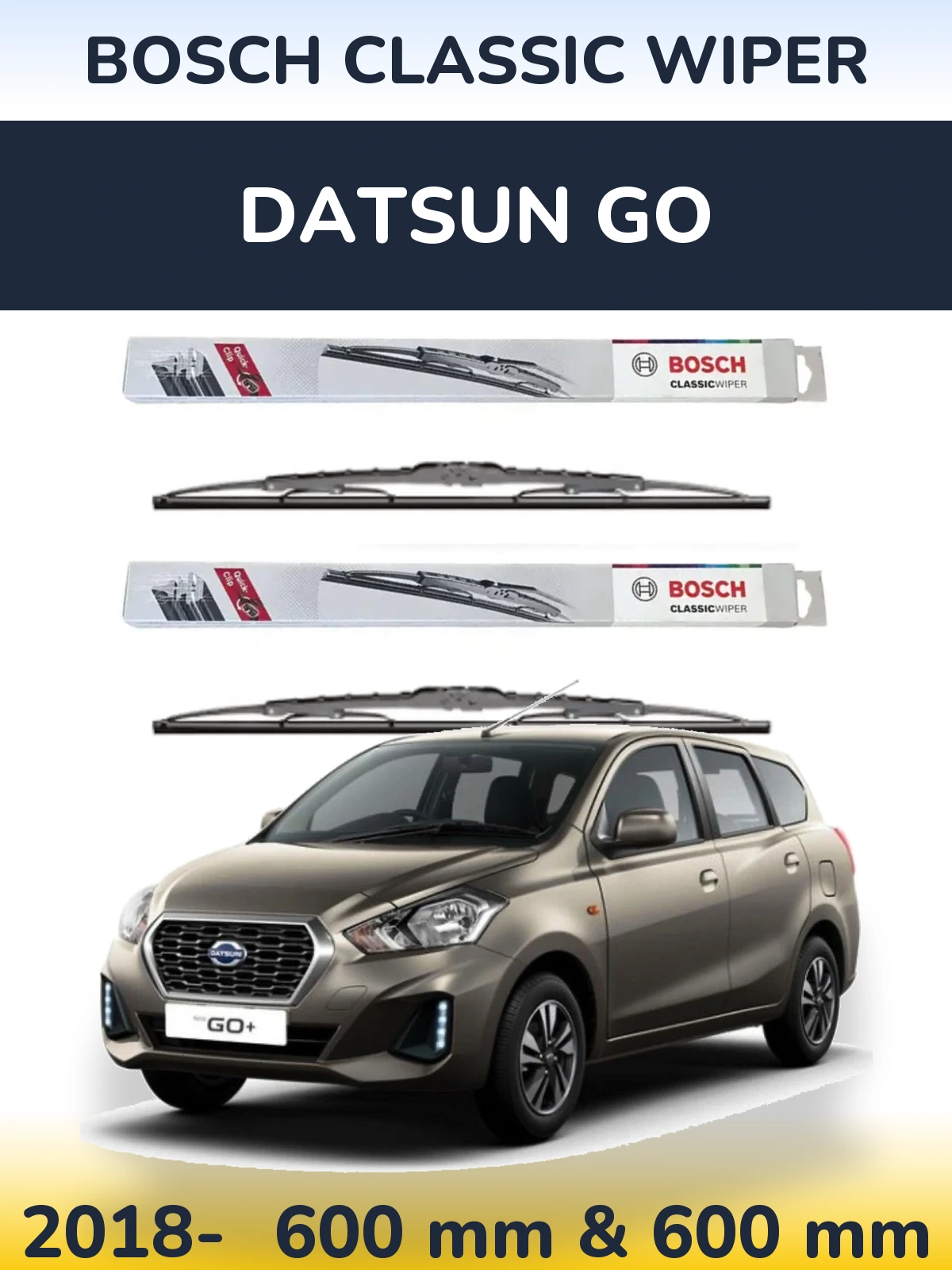 Front wiper blade set BOSCH Classic Wiper 600 & 600 mm for Datsun Go 2018-2026