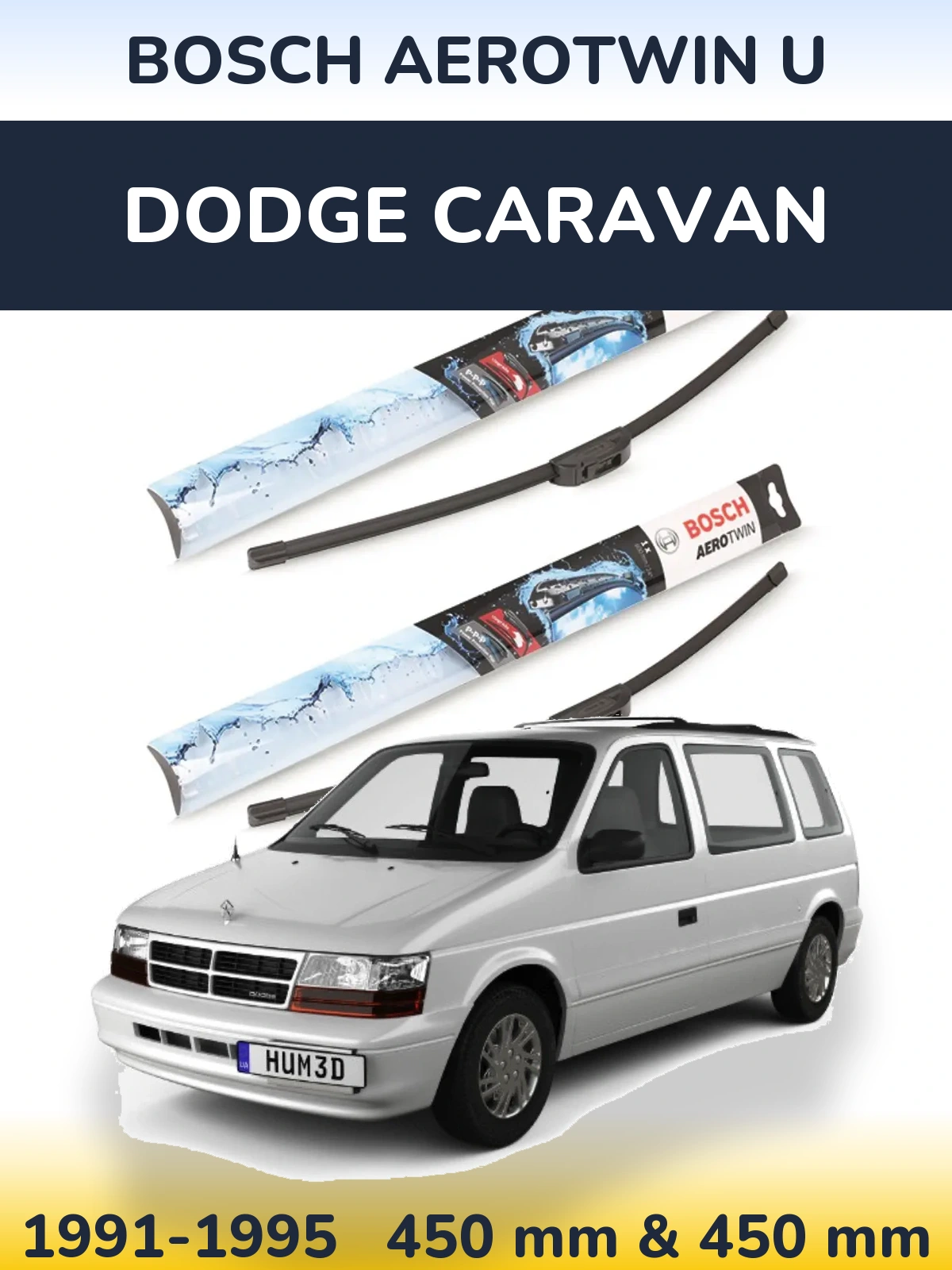 Front wiper blade set BOSCH AeroTwin U 450 & 450 mm for Dodge Caravan 1991-1995