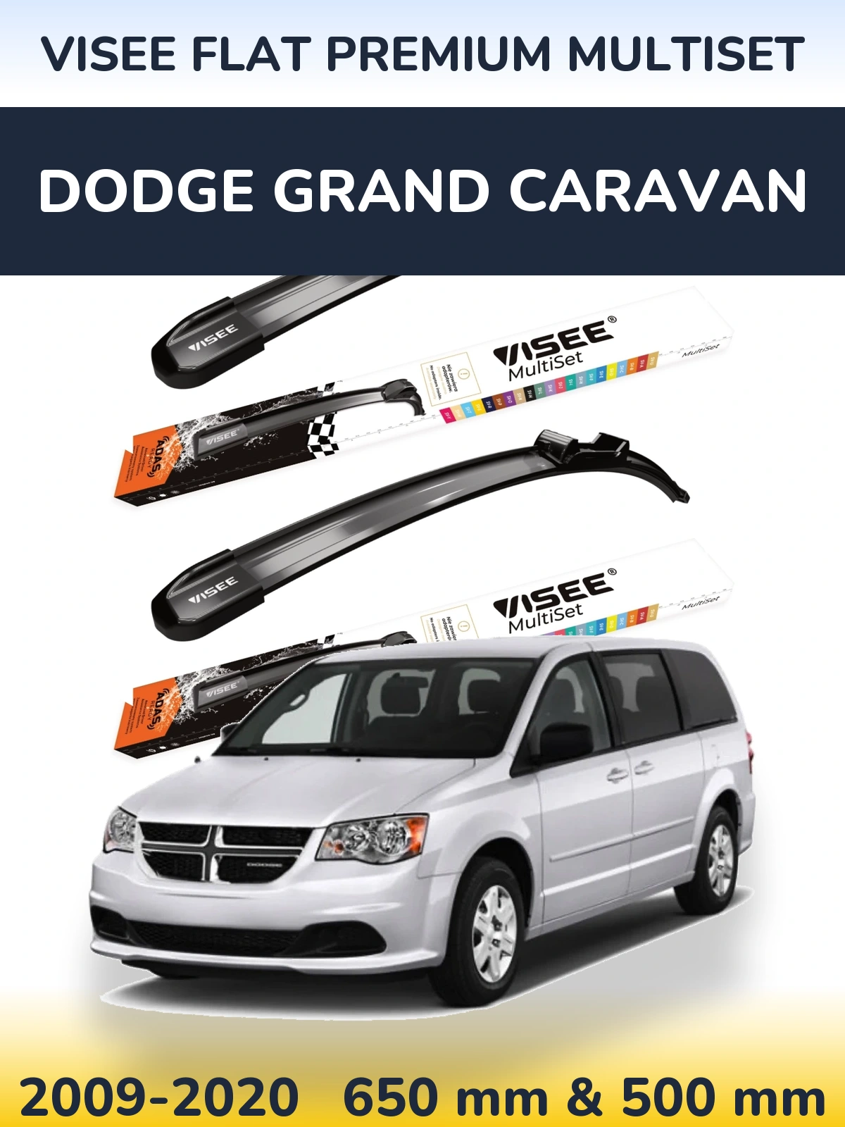 Комплект передніх щіток VISEE FLAT PREMIUM MultiSet 650 & 500 мм для Dodge Grand Caravan 2009-2020