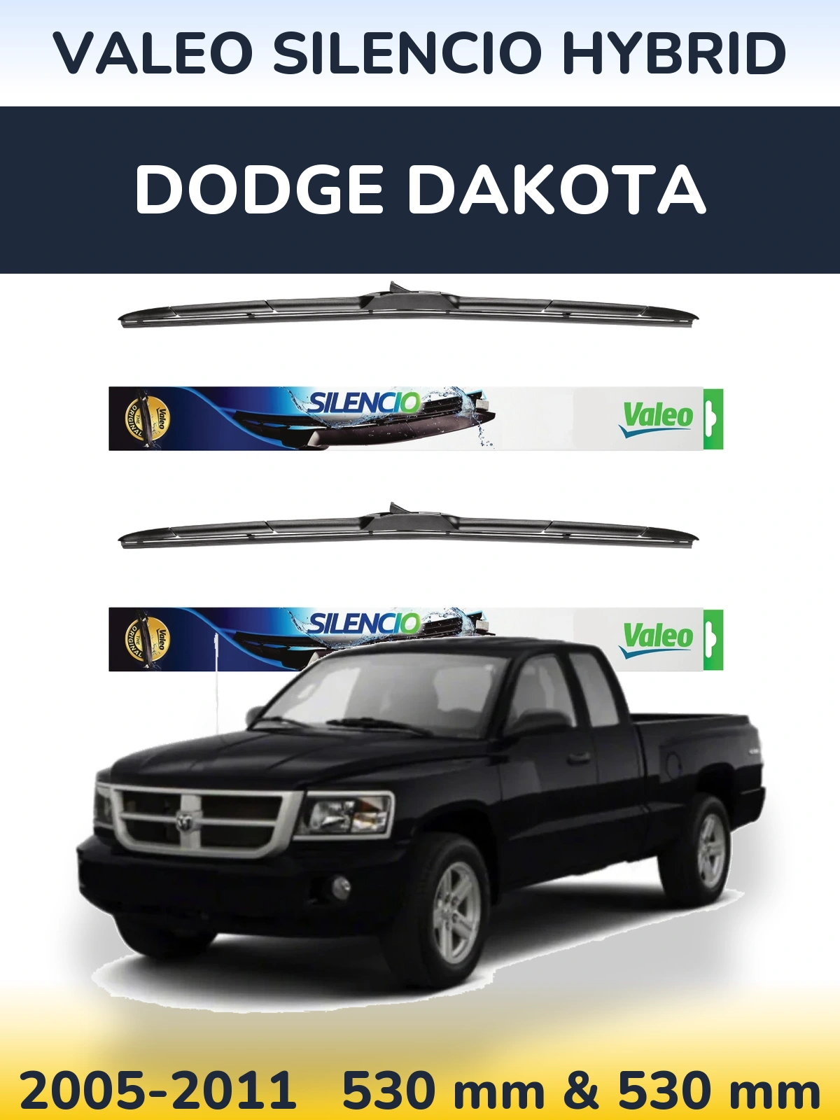 Front wiper blade set Valeo Silencio Hybrid 530 & 530 mm for Dodge Dakota 2005-2011