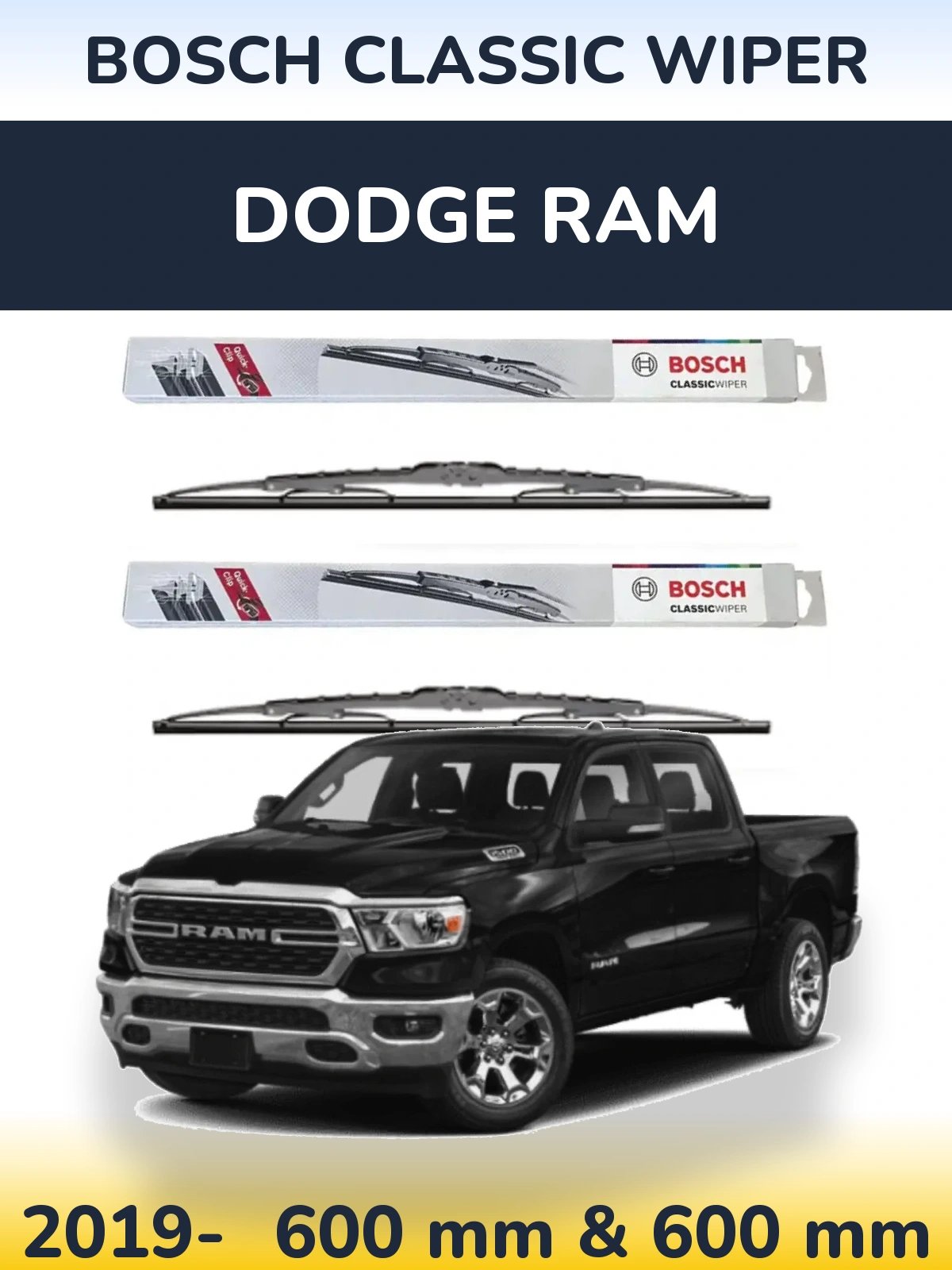 Front wiper blade set BOSCH Classic Wiper 600 & 600 mm for Dodge RAM 2019-2026