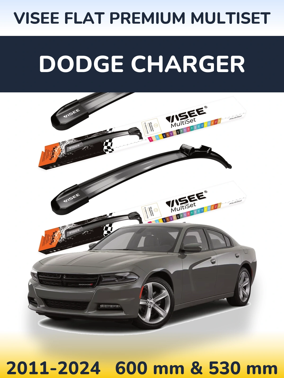 Комплект передніх щіток VISEE FLAT PREMIUM MultiSet 600 & 530 мм для Dodge Charger 2011-2024