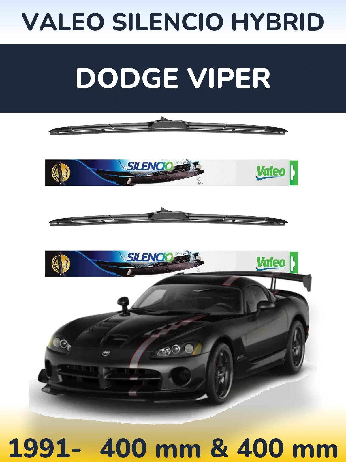 Front wiper blade set Valeo Silencio Hybrid 400 & 400 mm for Dodge Viper 1991-2026