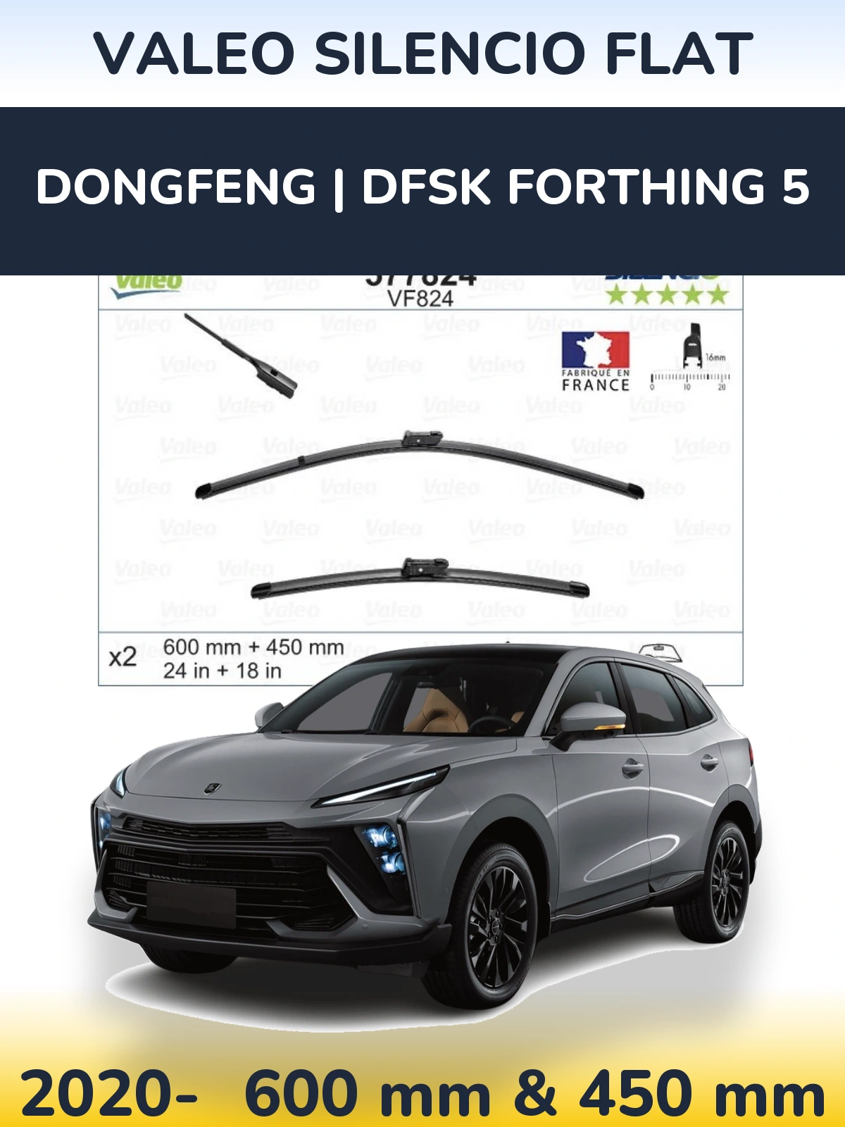 Front wiper blade set Valeo Silencio Flat 600 & 450 mm for DongFeng | DFSK Forthing 5 2020-2026