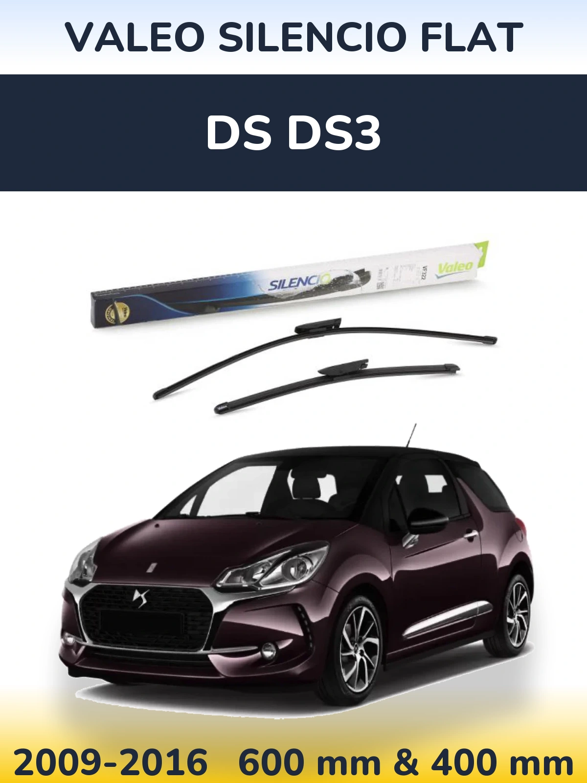 Front wiper blade set Valeo Silencio Flat 600 & 400 mm for DS DS3 2009-2016