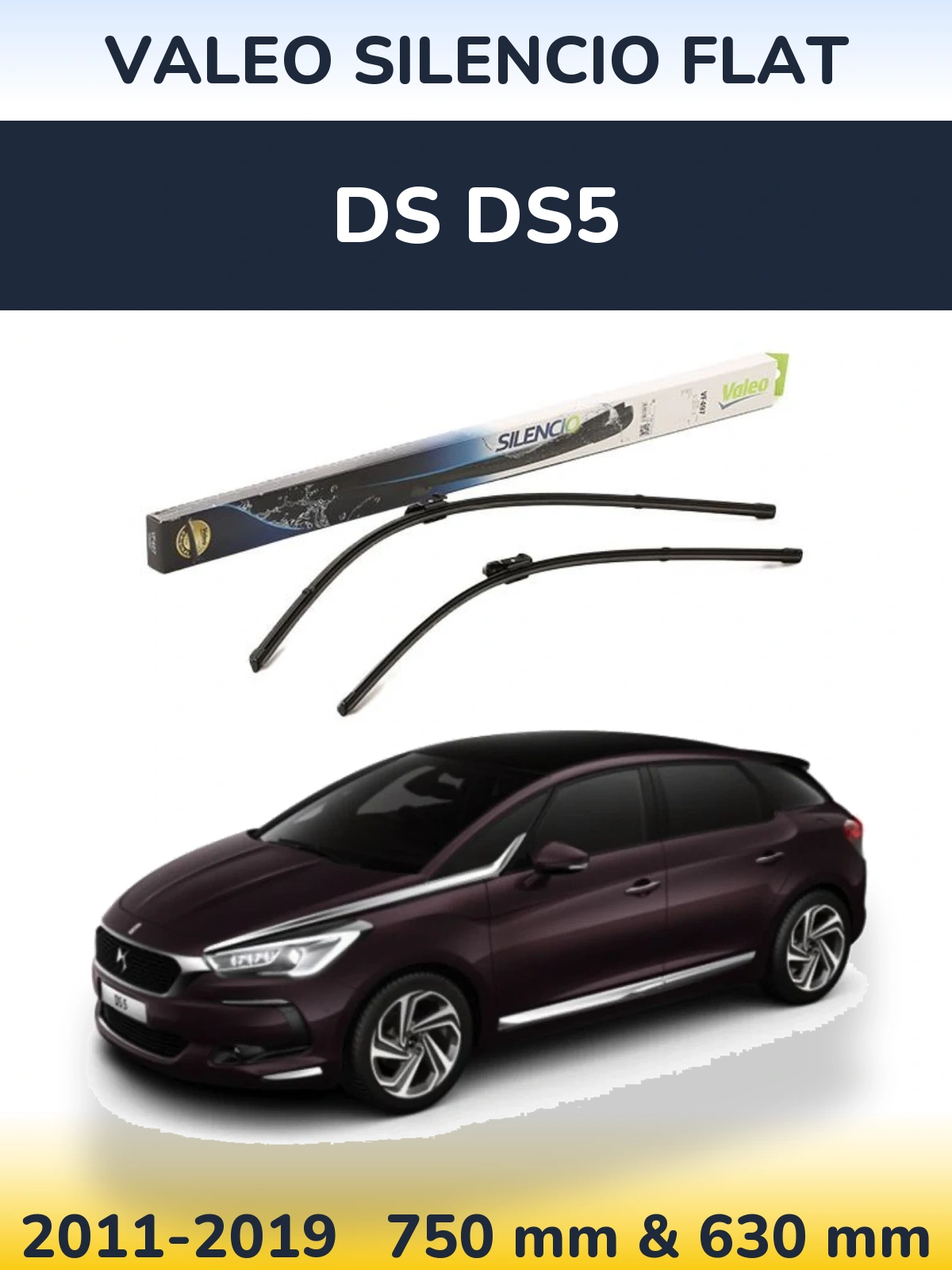 Front wiper blade set Valeo Silencio Flat 750 & 630 mm for DS DS5 2011-2019