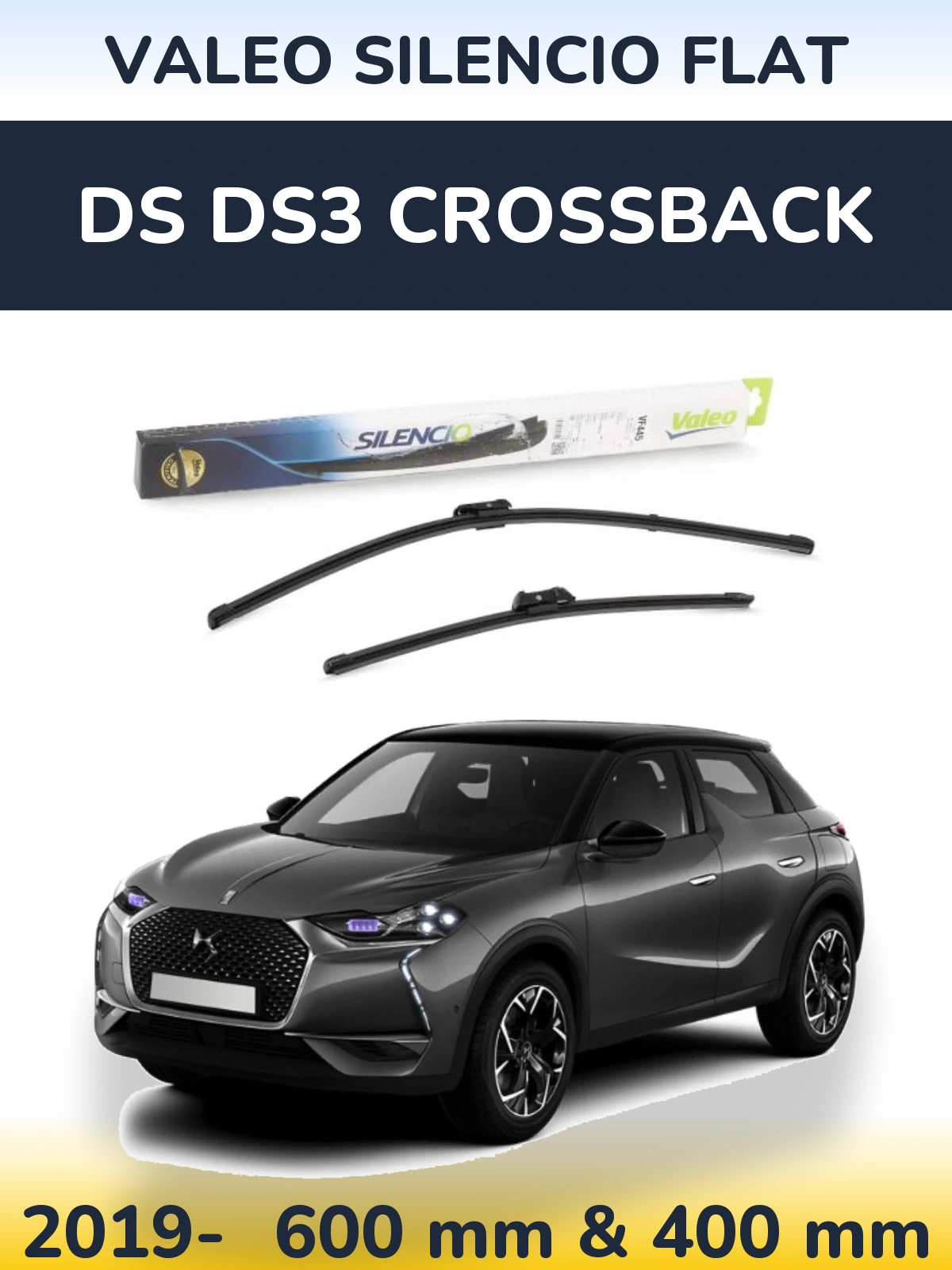 Front wiper blade set Valeo Silencio Flat 600 & 400 mm for DS DS3 Crossback 2019-2026