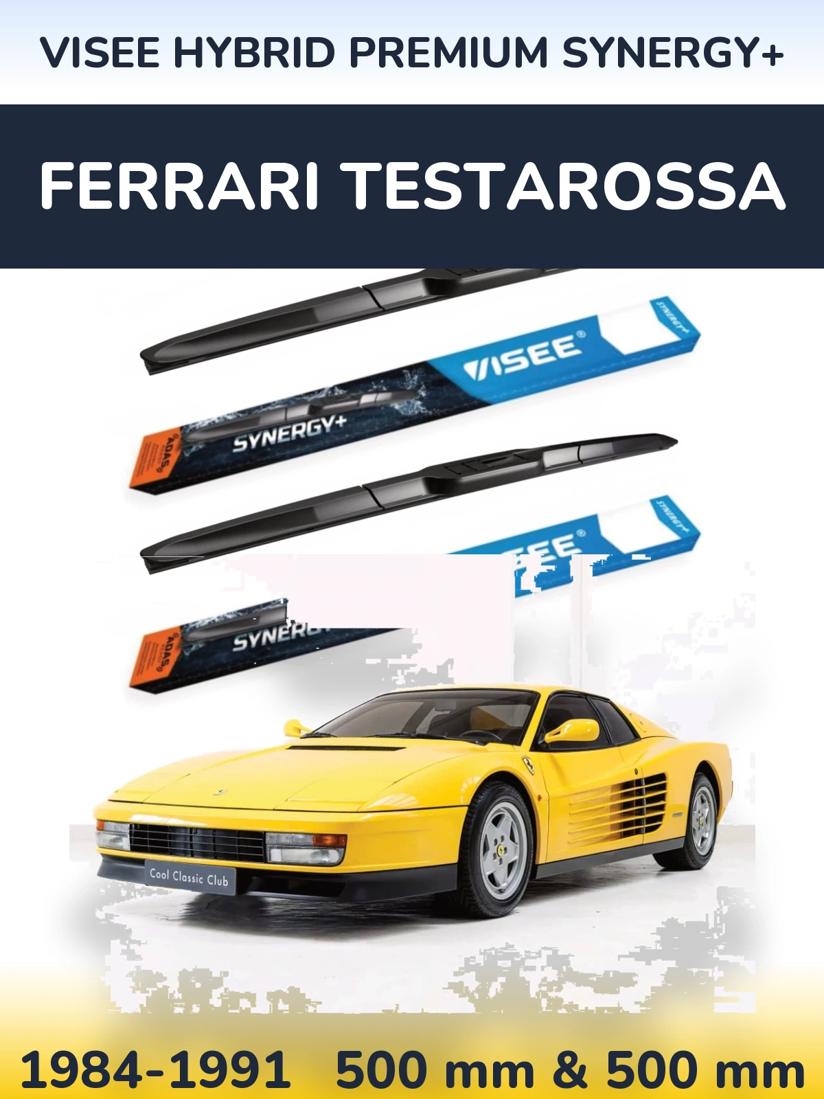 Front wiper blade set VISEE HYBRID PREMIUM SYNERGY+ 500 & 500 mm for Ferrari Testarossa 1984-1991