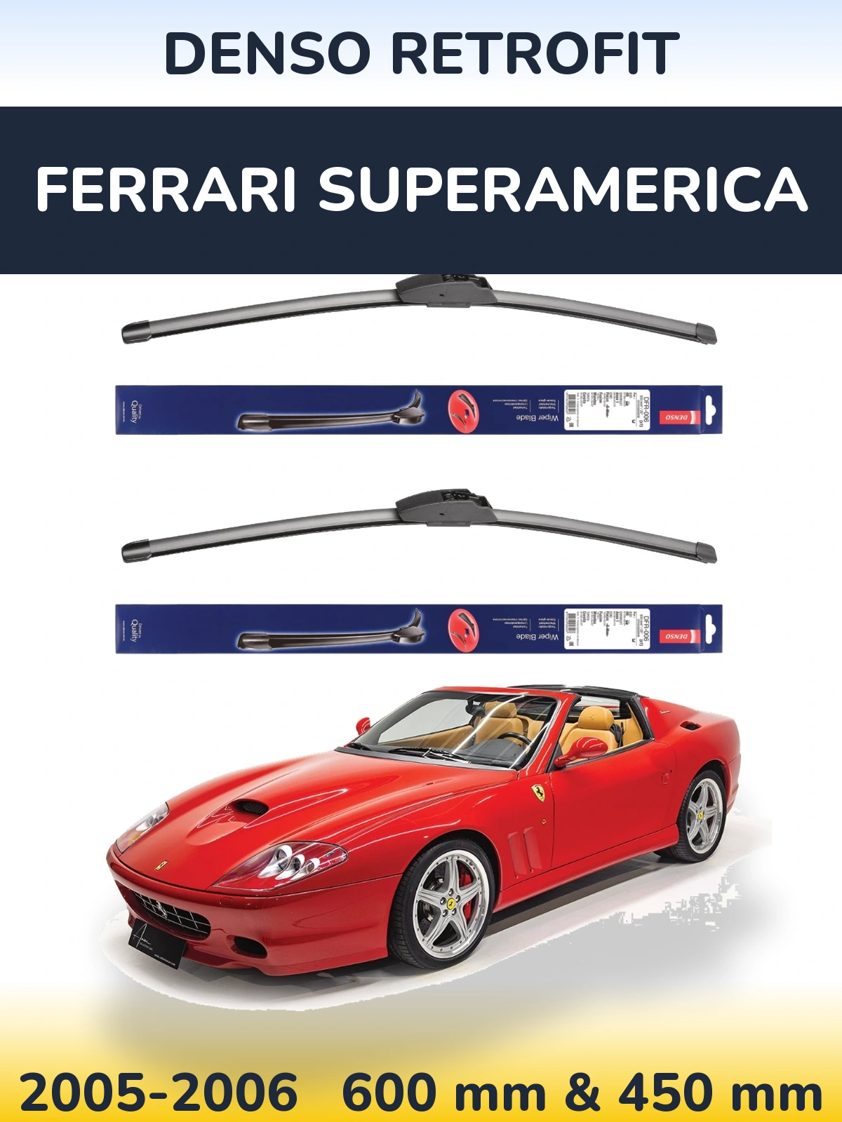 Front wiper blade set Denso Retrofit 600 & 450 mm for Ferrari Superamerica 2005-2006