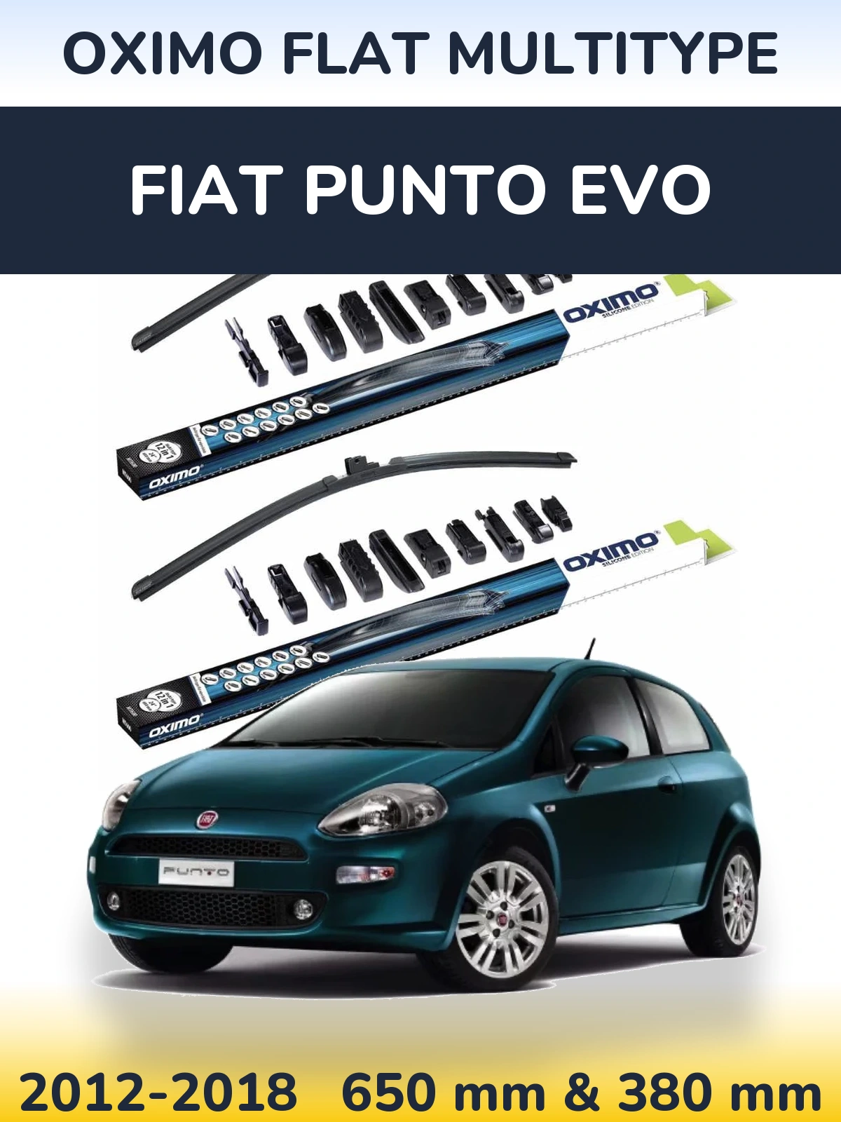 Front wiper blade set Oximo Flat MultiTipse 650 & 380 mm for Fiat Punto Evo 2012-2018