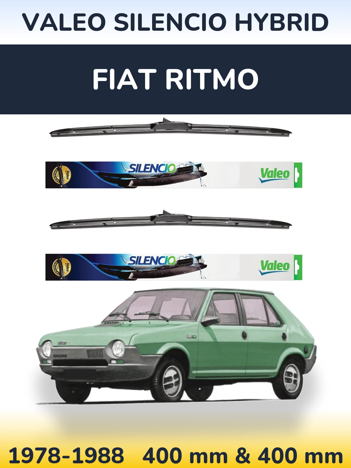 Front wiper blade set Valeo Silencio Hybrid 400 & 400 mm for Fiat Ritmo 1978-1988
