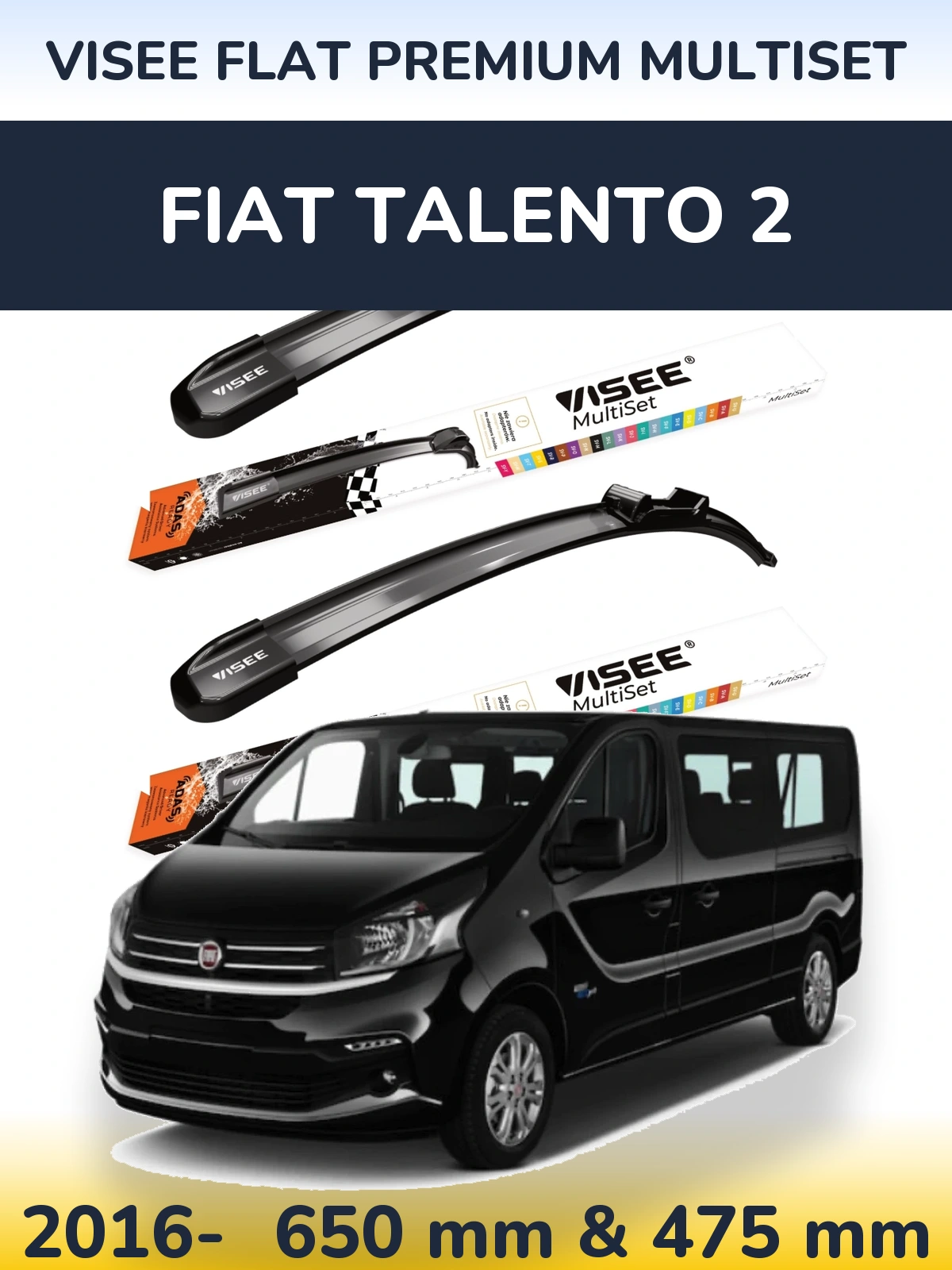 Front wiper blade set VISEE FLAT PREMIUM MultiSet 650 & 475 mm for Fiat Talento 2 2016-2026