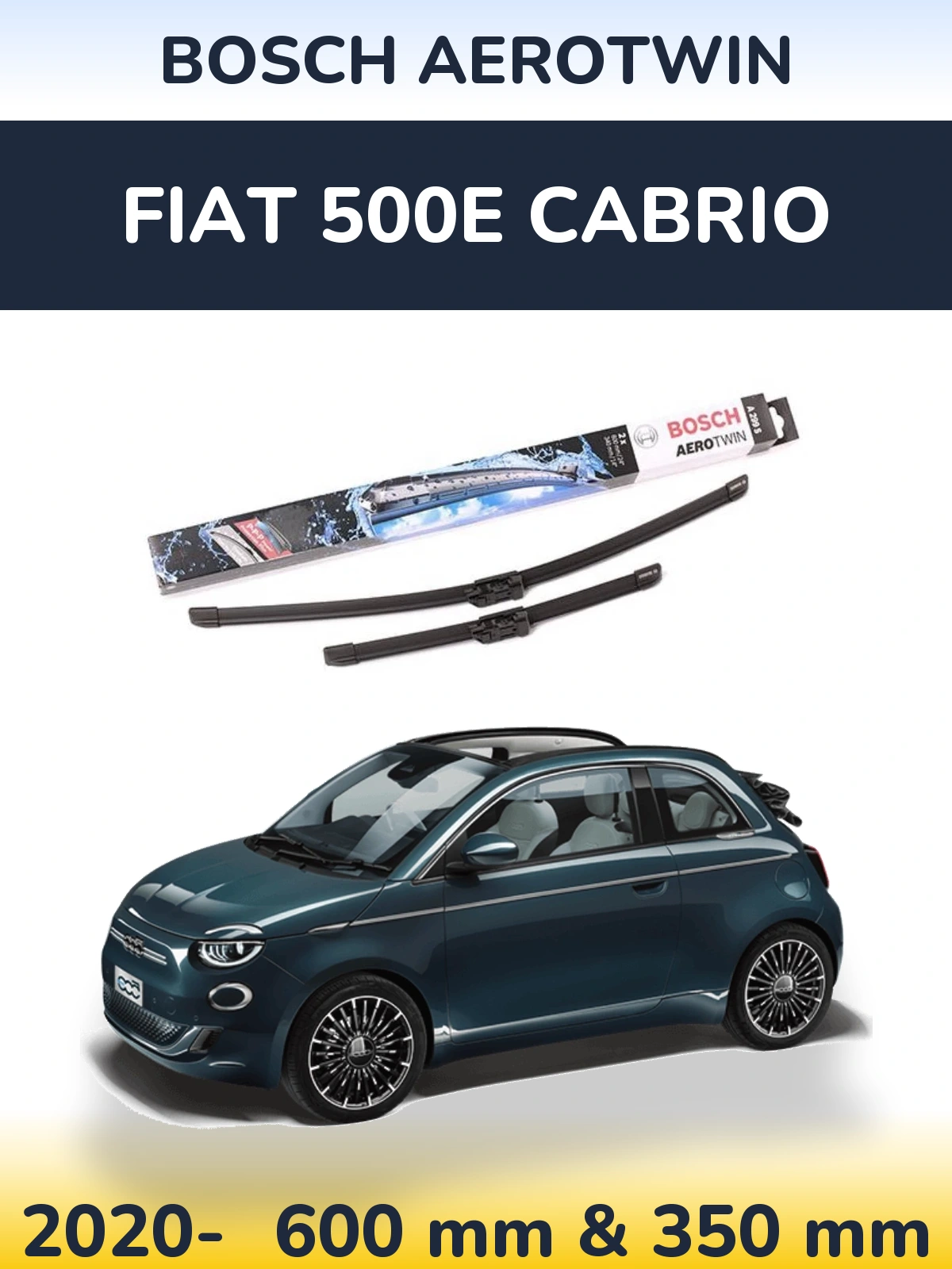 Front wiper blade set BOSCH AeroTwin 600 & 350 mm for Fiat 500e Cabrio 2020-2026
