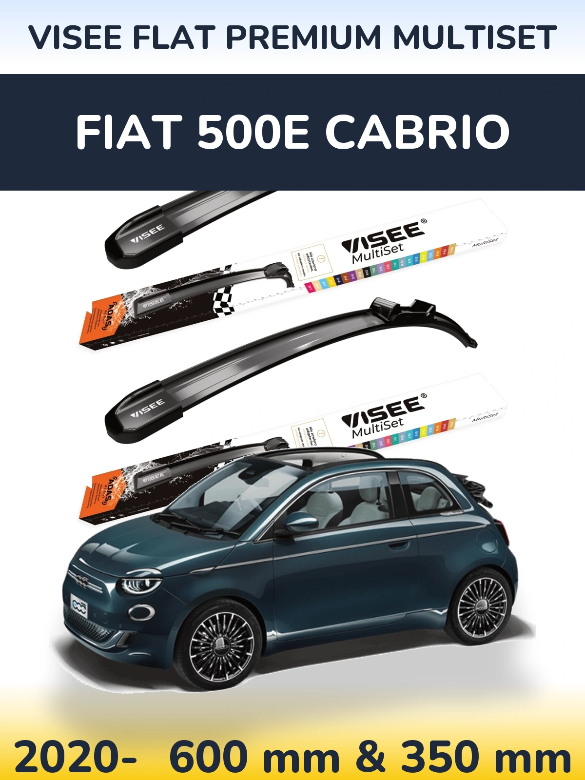 Front wiper blade set VISEE FLAT PREMIUM MultiSet 600 & 350 mm for Fiat 500e Cabrio 2020-2026