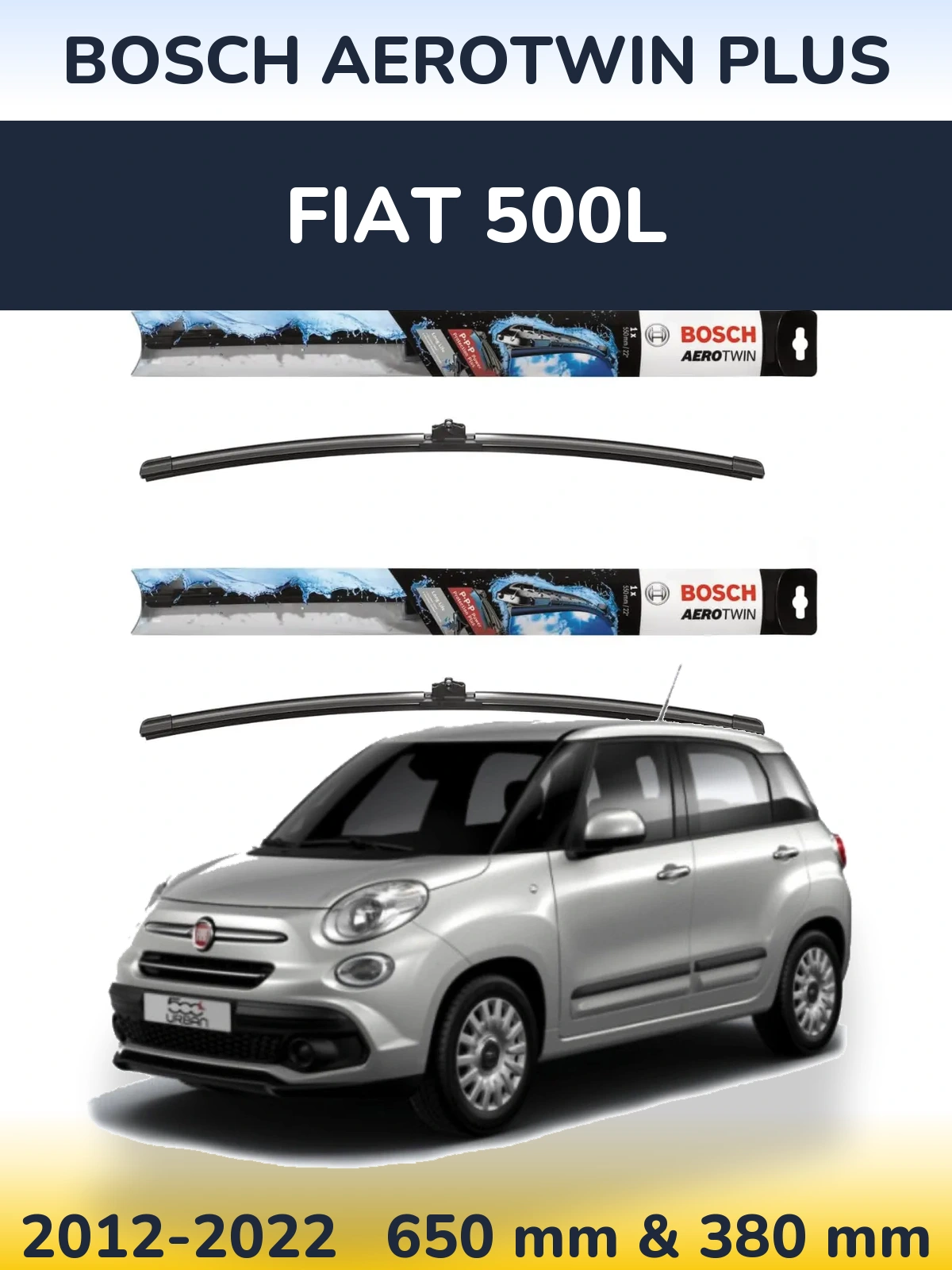 Front wiper blade set BOSCH AeroTwin Plus 650 & 380 mm for Fiat 500L 2012-2022