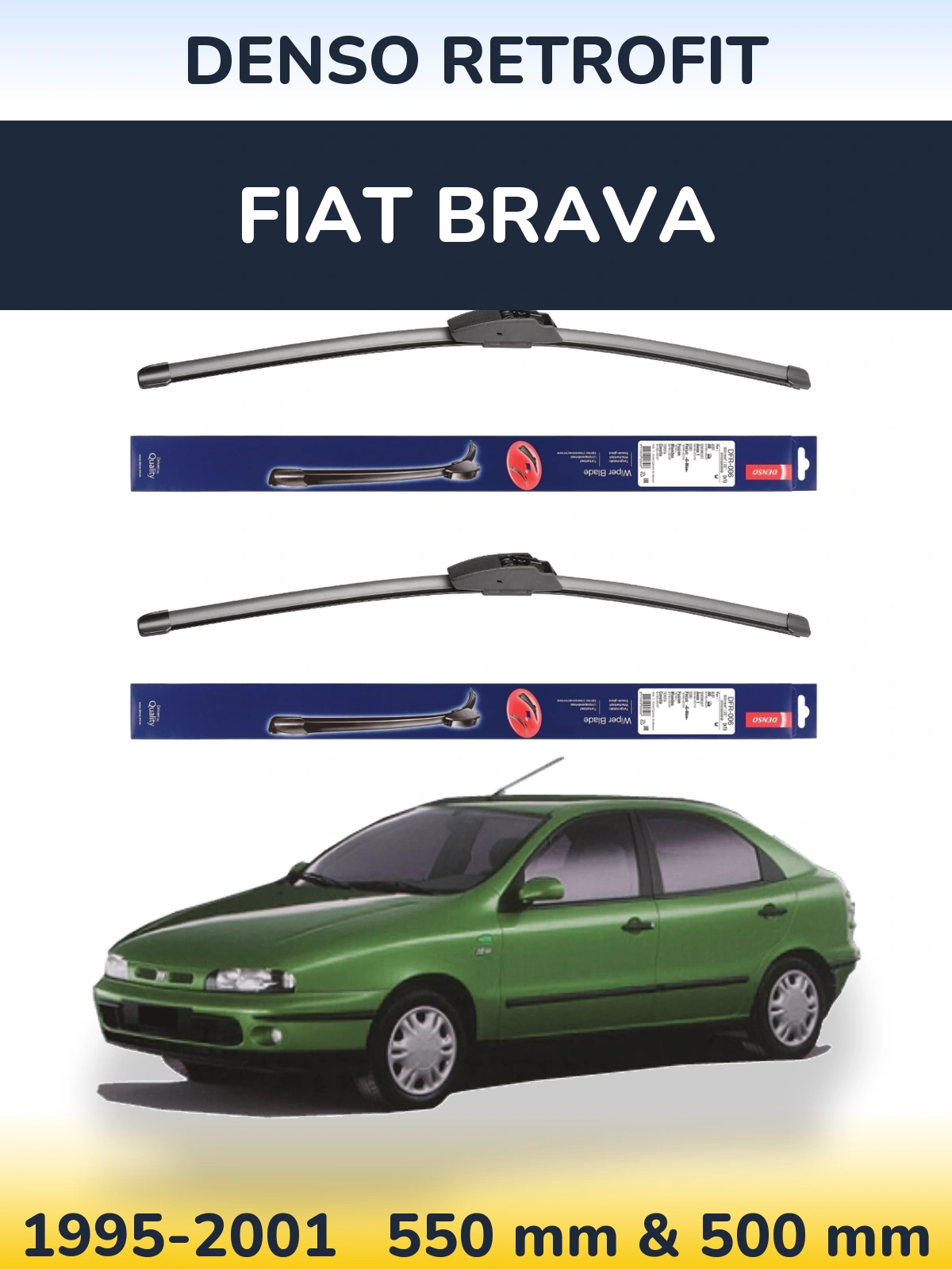 Front wiper blade set Denso Retrofit 550 & 500 mm for Fiat Brava 1995-2001