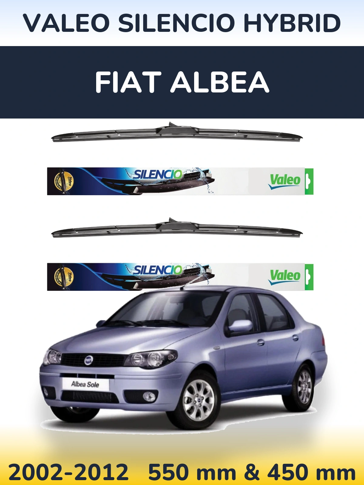 Front wiper blade set Valeo Silencio Hybrid 550 & 450 mm for Fiat Albea 2002-2012