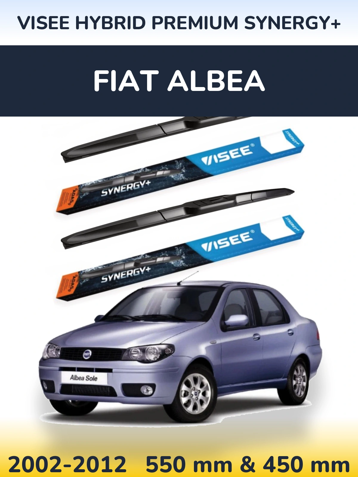 Front wiper blade set VISEE HYBRID PREMIUM SYNERGY+ 550 & 450 mm for Fiat Albea 2002-2012