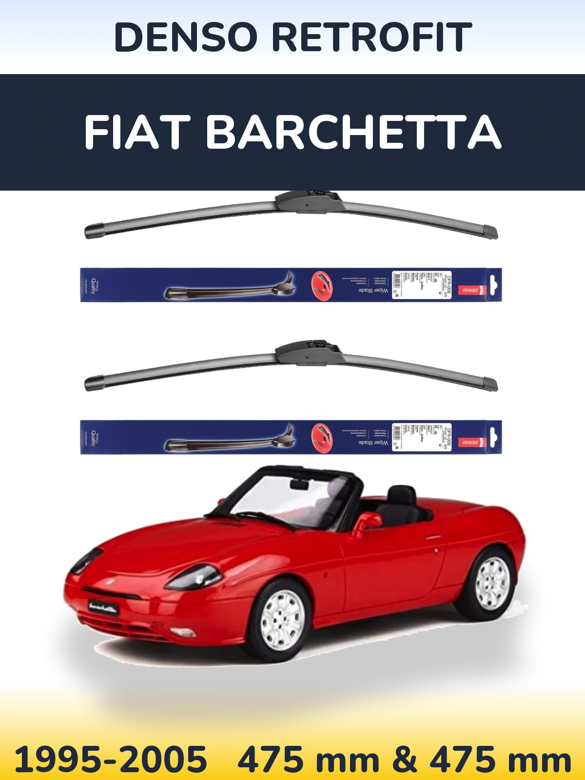 Front wiper blade set Denso Retrofit 475 & 475 mm for Fiat Barchetta 1995-2005