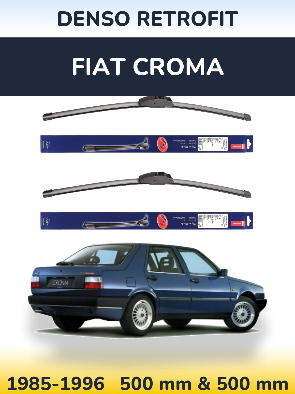 Front wiper blade set Denso Retrofit 500 & 500 mm for Fiat Croma 1985-1996