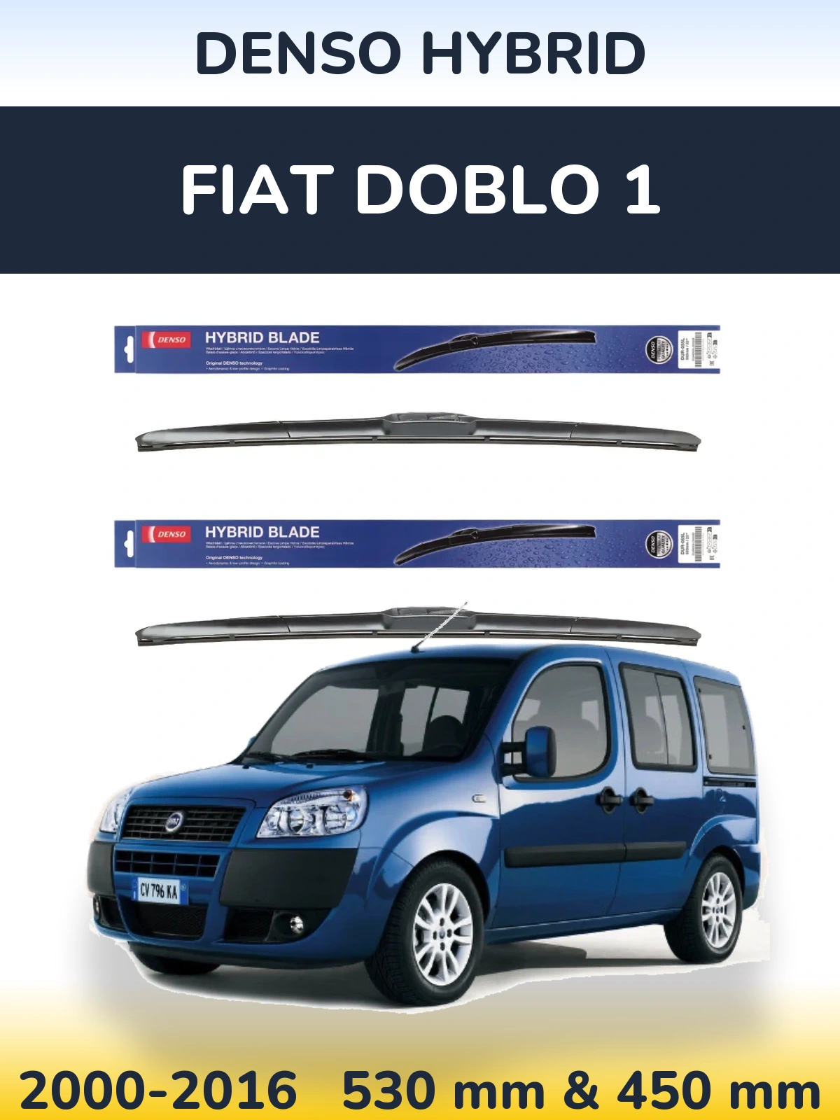 Front wiper blade set Denso Hybrid 530 & 450 mm for Fiat Doblo 1 2000-2016