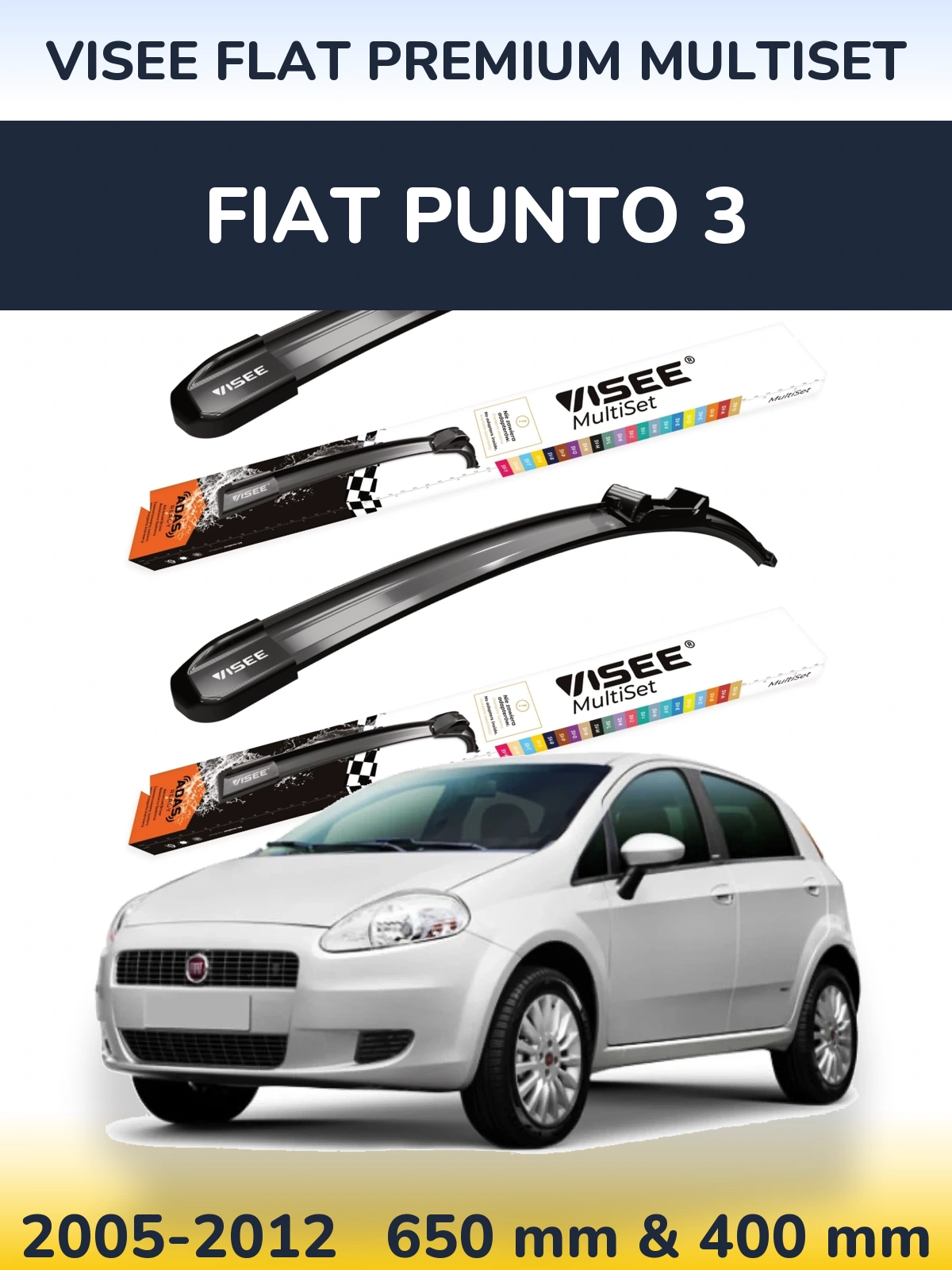 Front wiper blade set VISEE FLAT PREMIUM MultiSet 650 & 400 mm for Fiat Punto 3 2005-2012