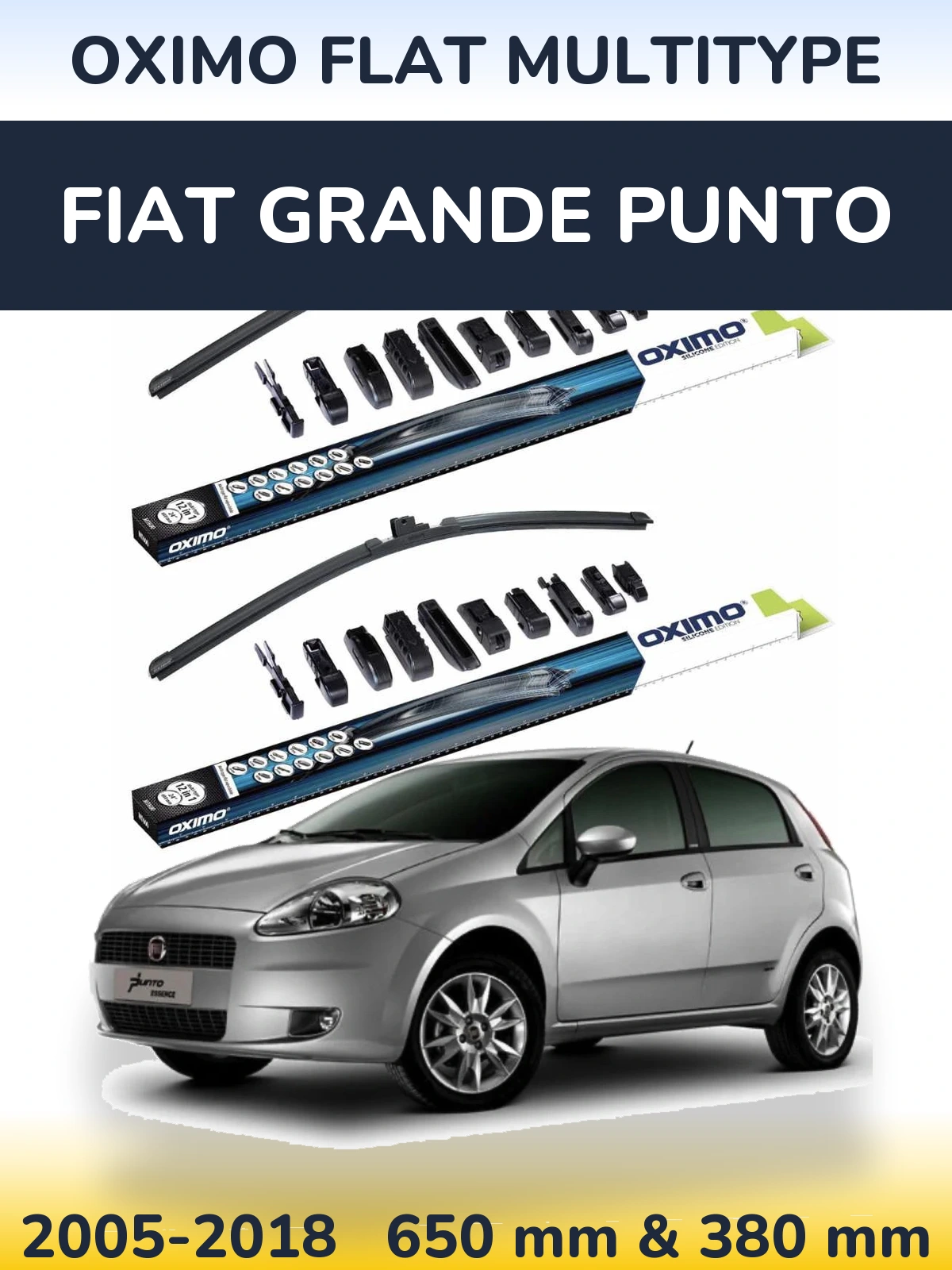 Front wiper blade set Oximo Flat MultiTypee 650 & 380 mm for Fiat Grande Punto 2005-2018