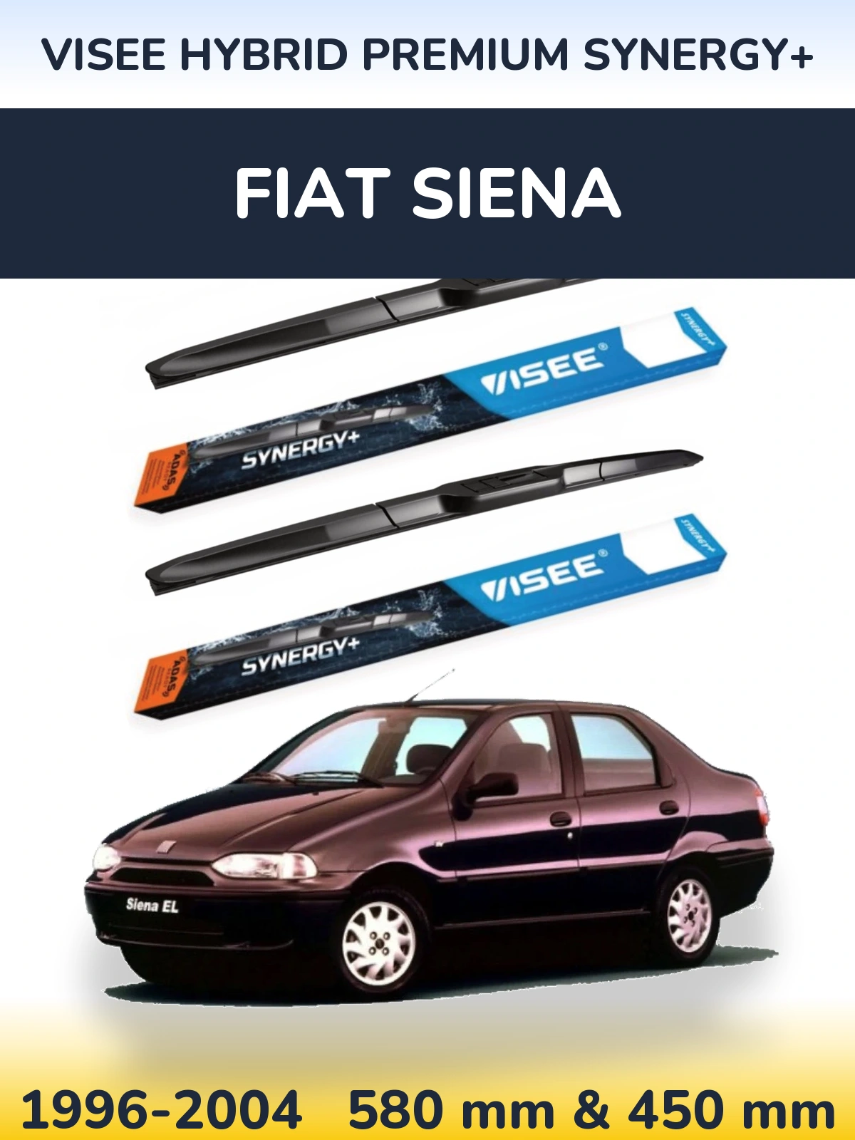 Front wiper blade set VISEE HYBRID PREMIUM SYNERGY+ 580 & 450 mm for Fiat Siena 1996-2004